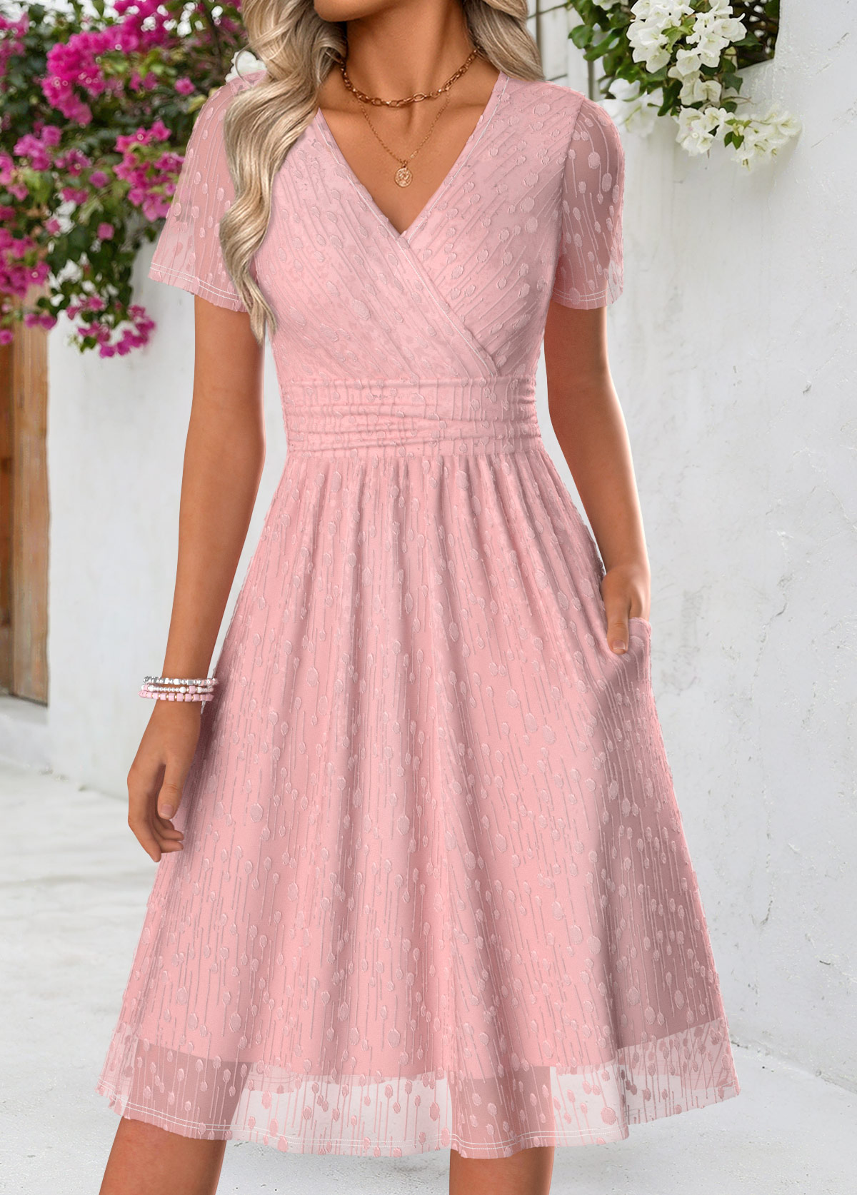 Pink Double Side Pockets Short Sleeve V Neck Dress | picture 