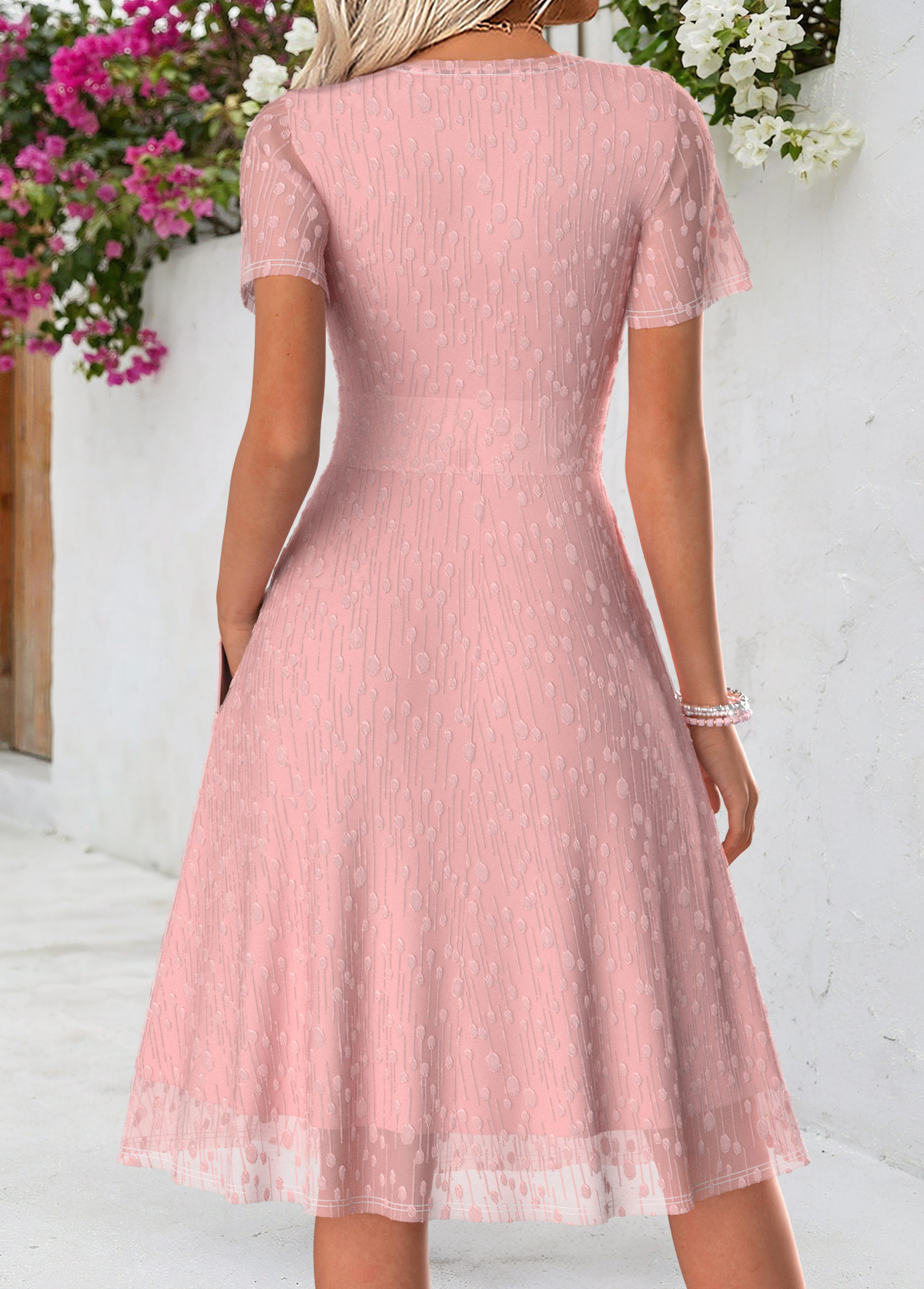 Pink Double Side Pockets Short Sleeve V Neck Dress | picture 