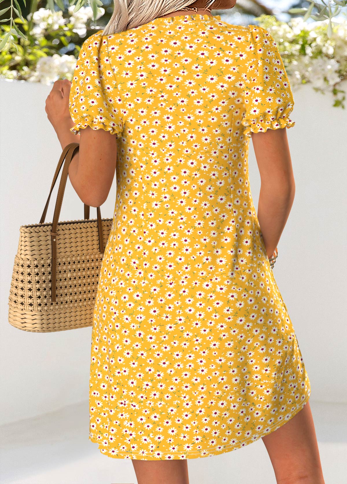 Yellow Ditsy Floral Print Short Tuck Stitch Dress | picture 