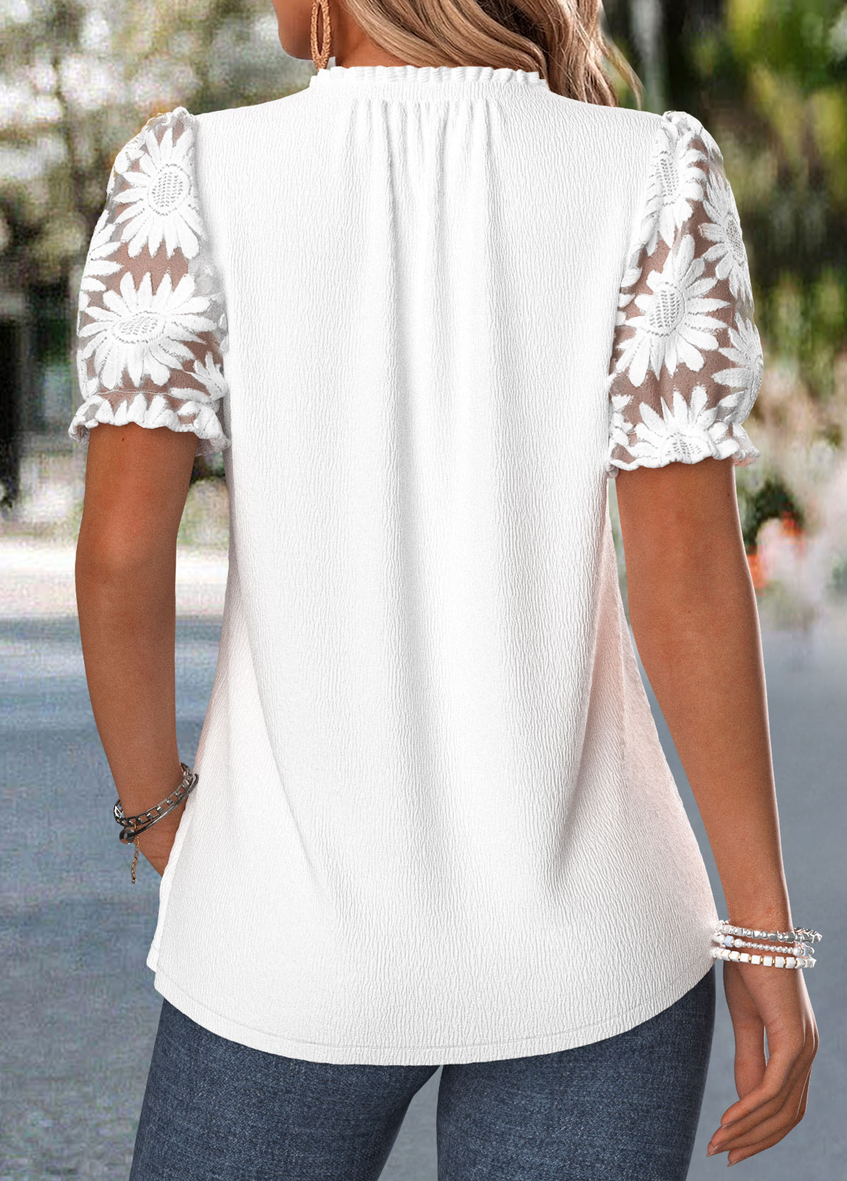 White Frill Short Sleeve V Neck T Shirt | picture 