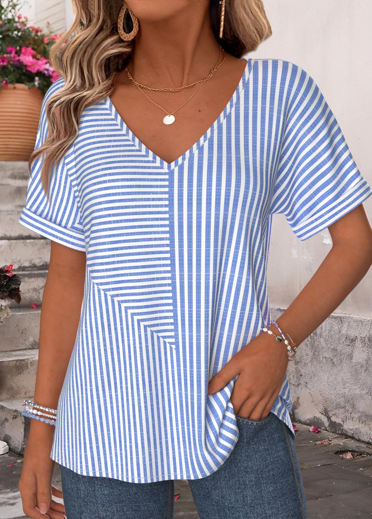 Blue Striped Curved Hem Short Sleeve T Shirt | picture 