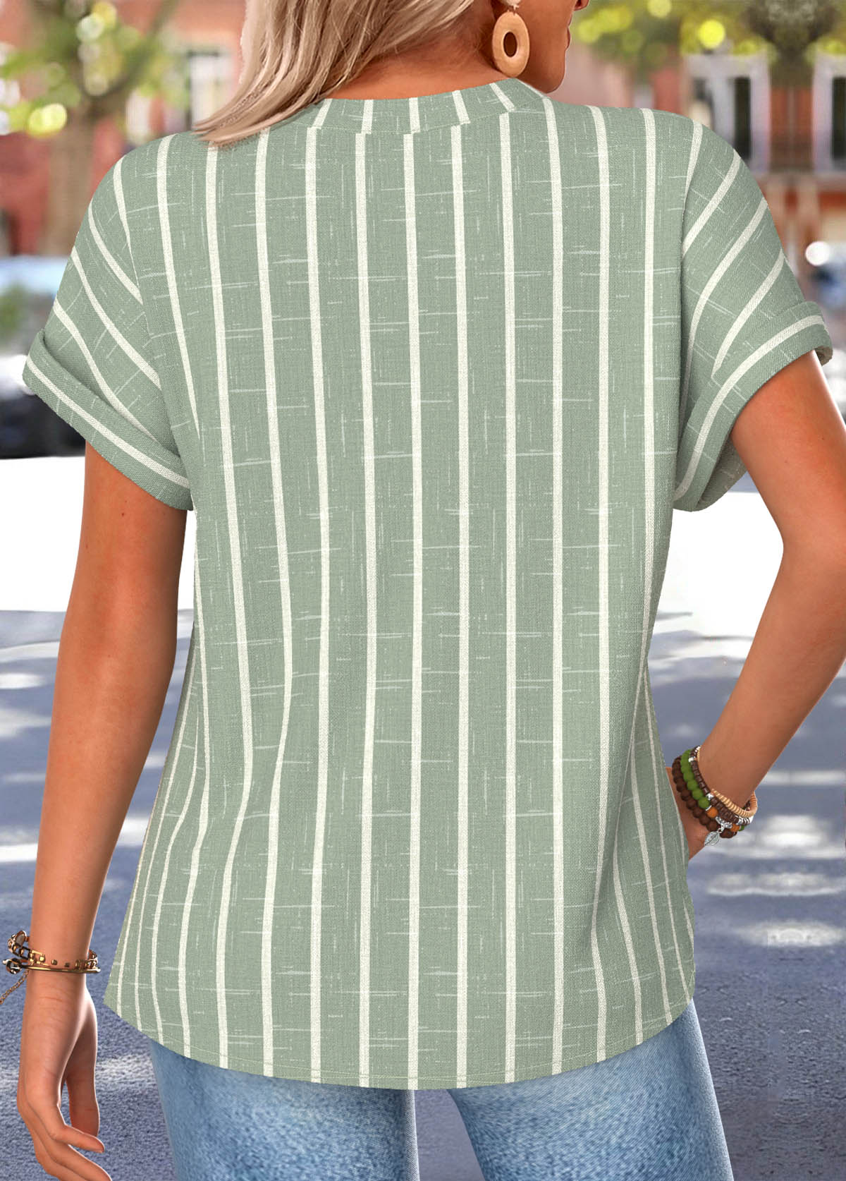 Green Striped Button Short Sleeve Split Neck Blouse | picture 