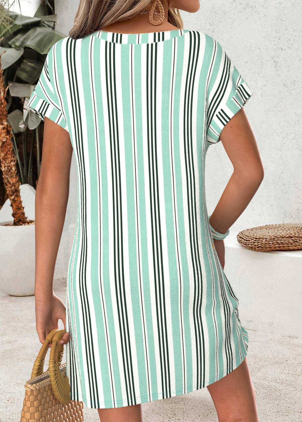 Light Green Multi Stripe Print Short Tummy Coverage Dress | picture 