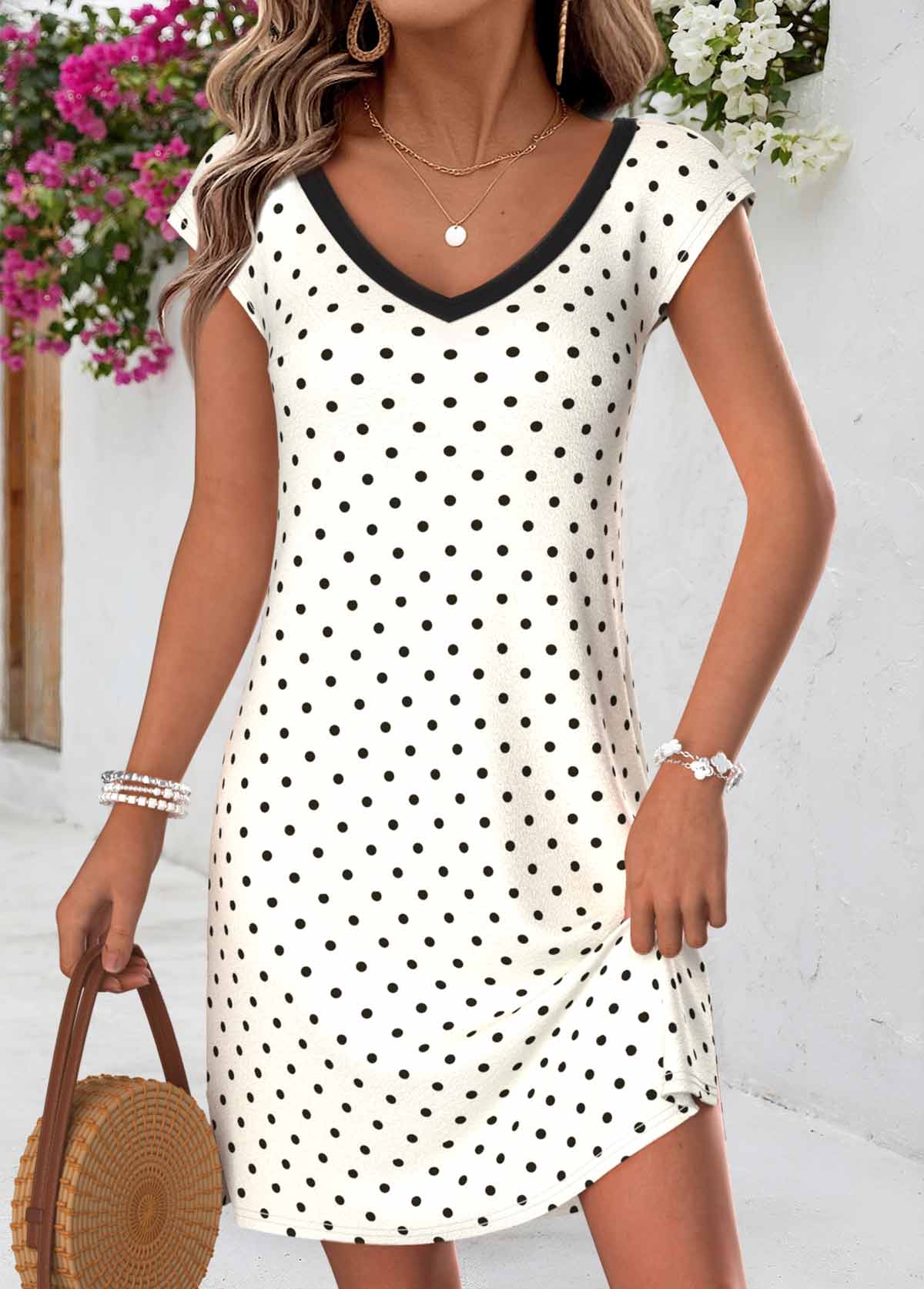 Beige Polka Dot Short Tummy Coverage V Neck Dress | picture 
