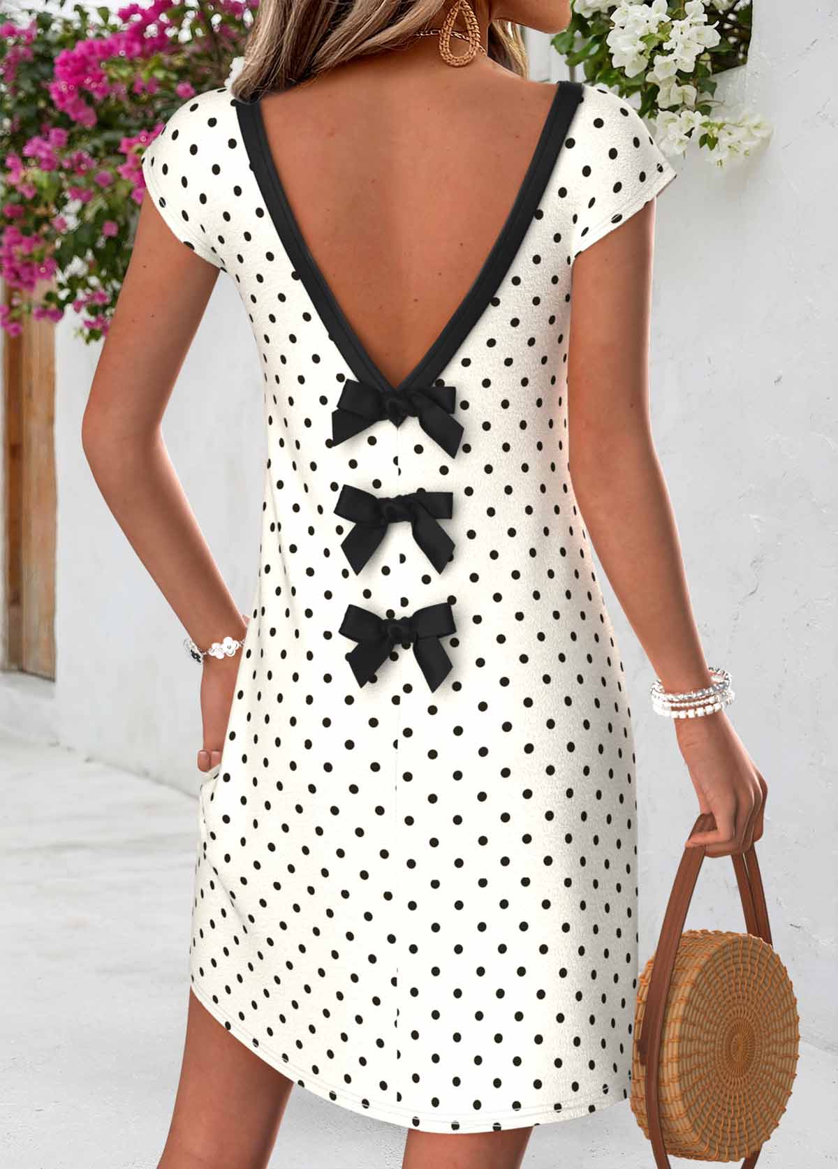 Beige Polka Dot Short Tummy Coverage V Neck Dress | picture 