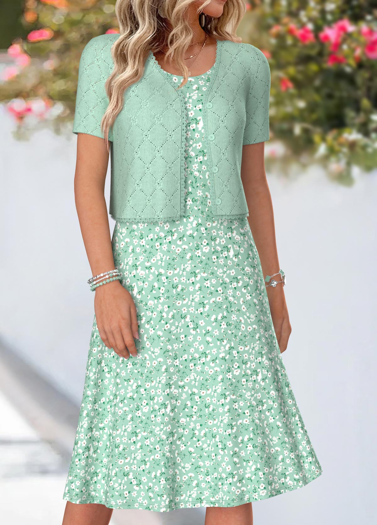 Light Green Ditsy Floral Print Two-piece Dress and Cardigan | picture 