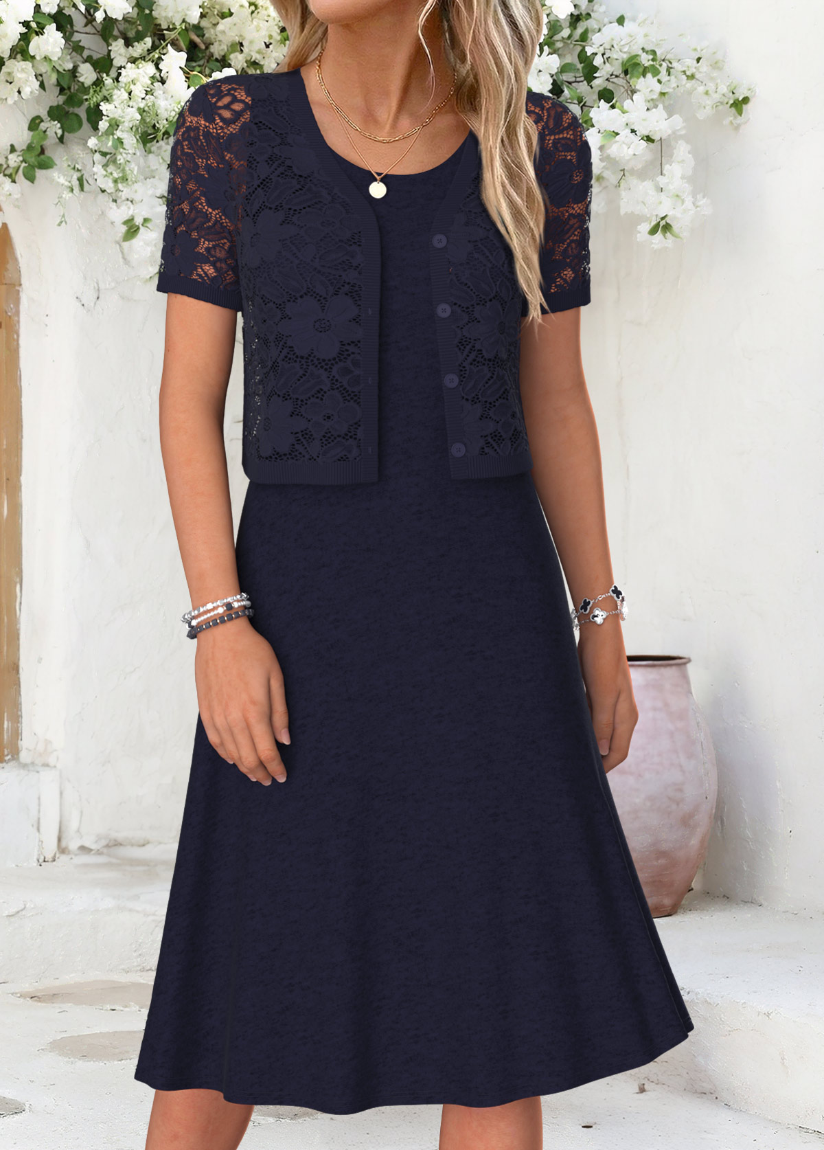 Navy Two-piece Short Sleeve Round Neck Dress and Cardigan | picture 