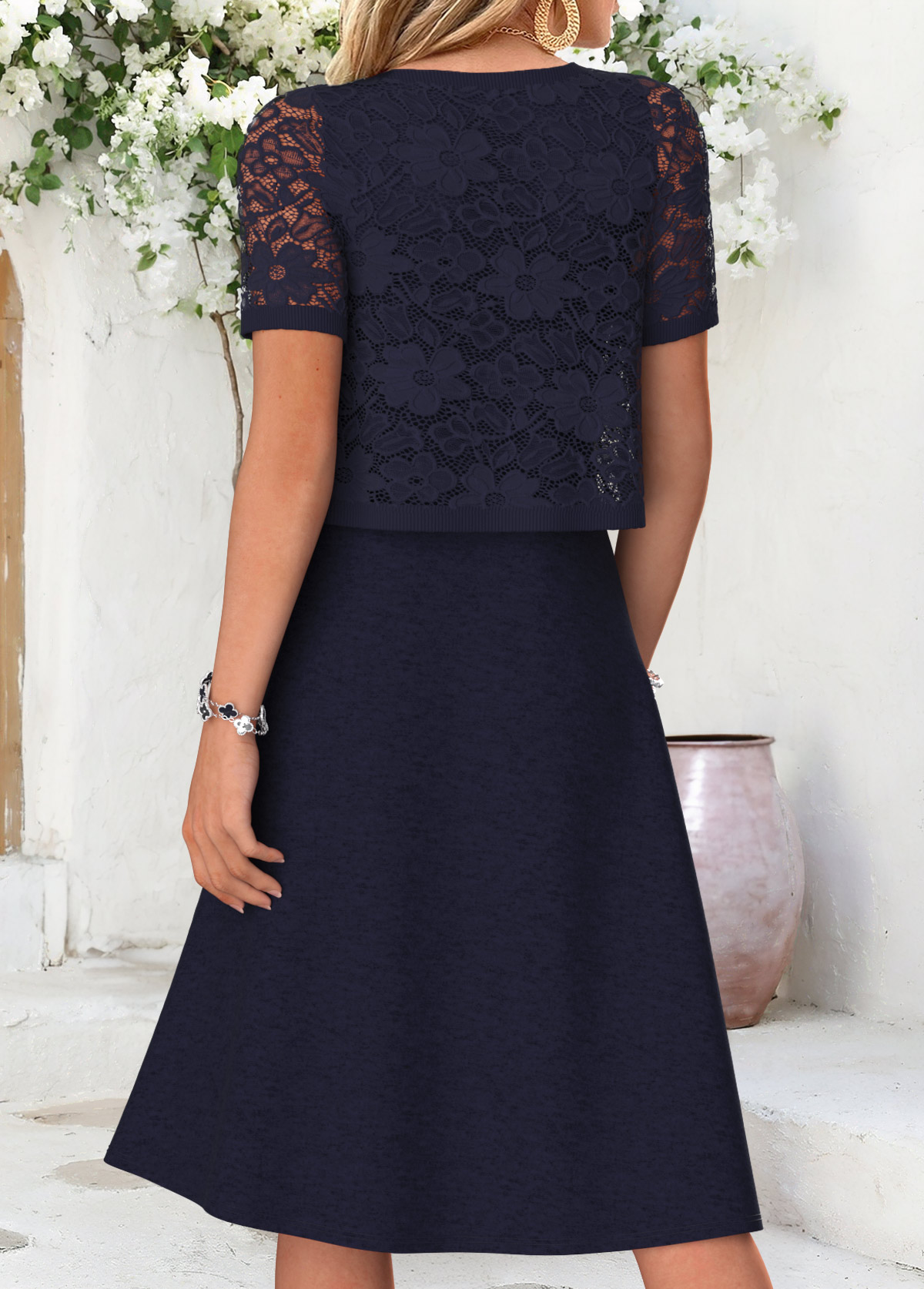 Navy Two-piece Short Sleeve Round Neck Dress and Cardigan | picture 
