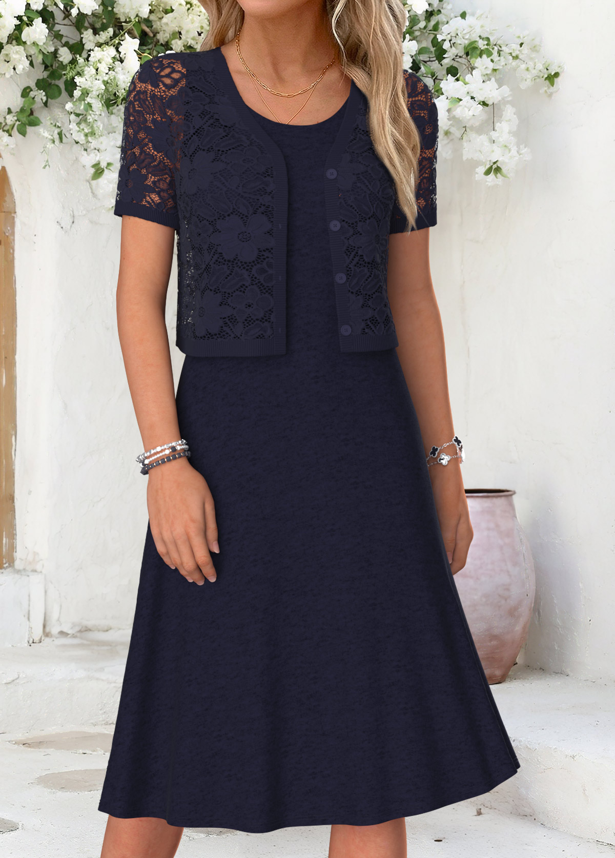 Navy Two-piece Short Sleeve Round Neck Dress and Cardigan | picture 