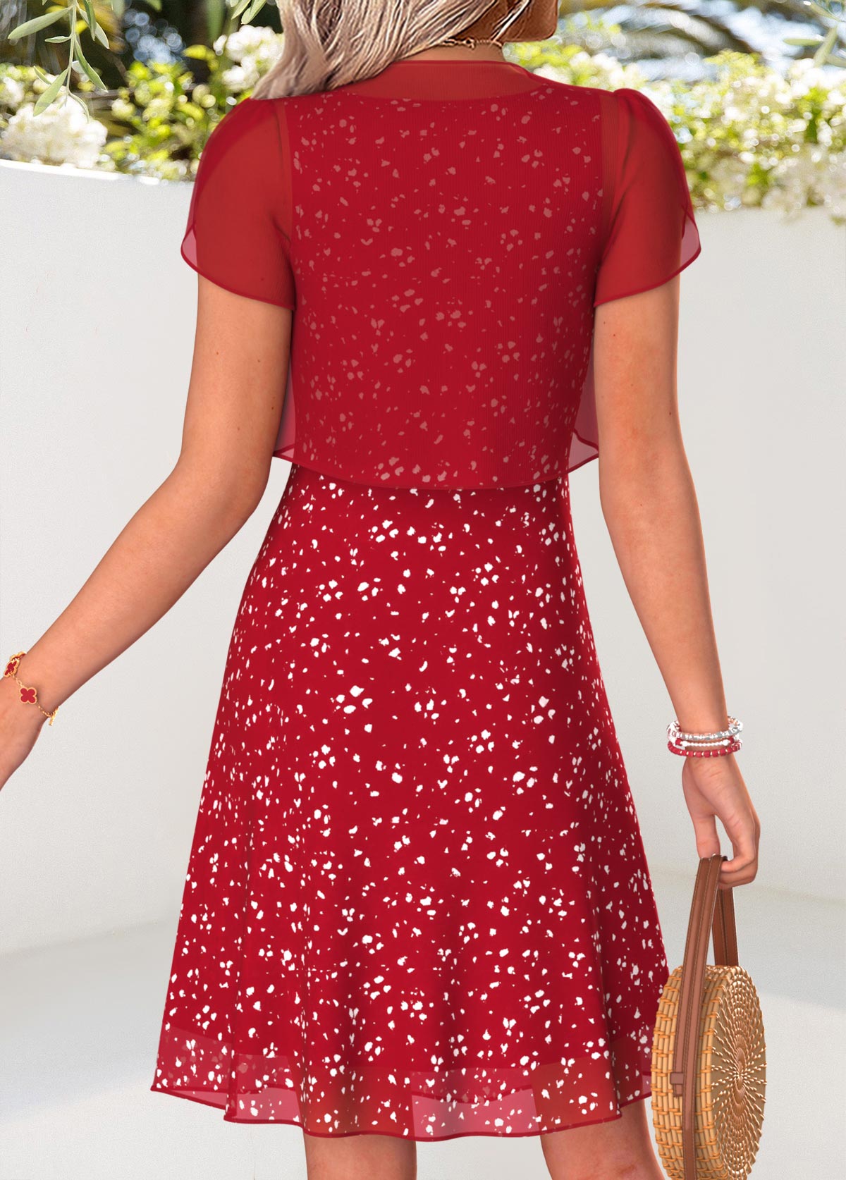 Red Geometric Print Two-piece Short Sleeve Dress and Cardigan | picture 