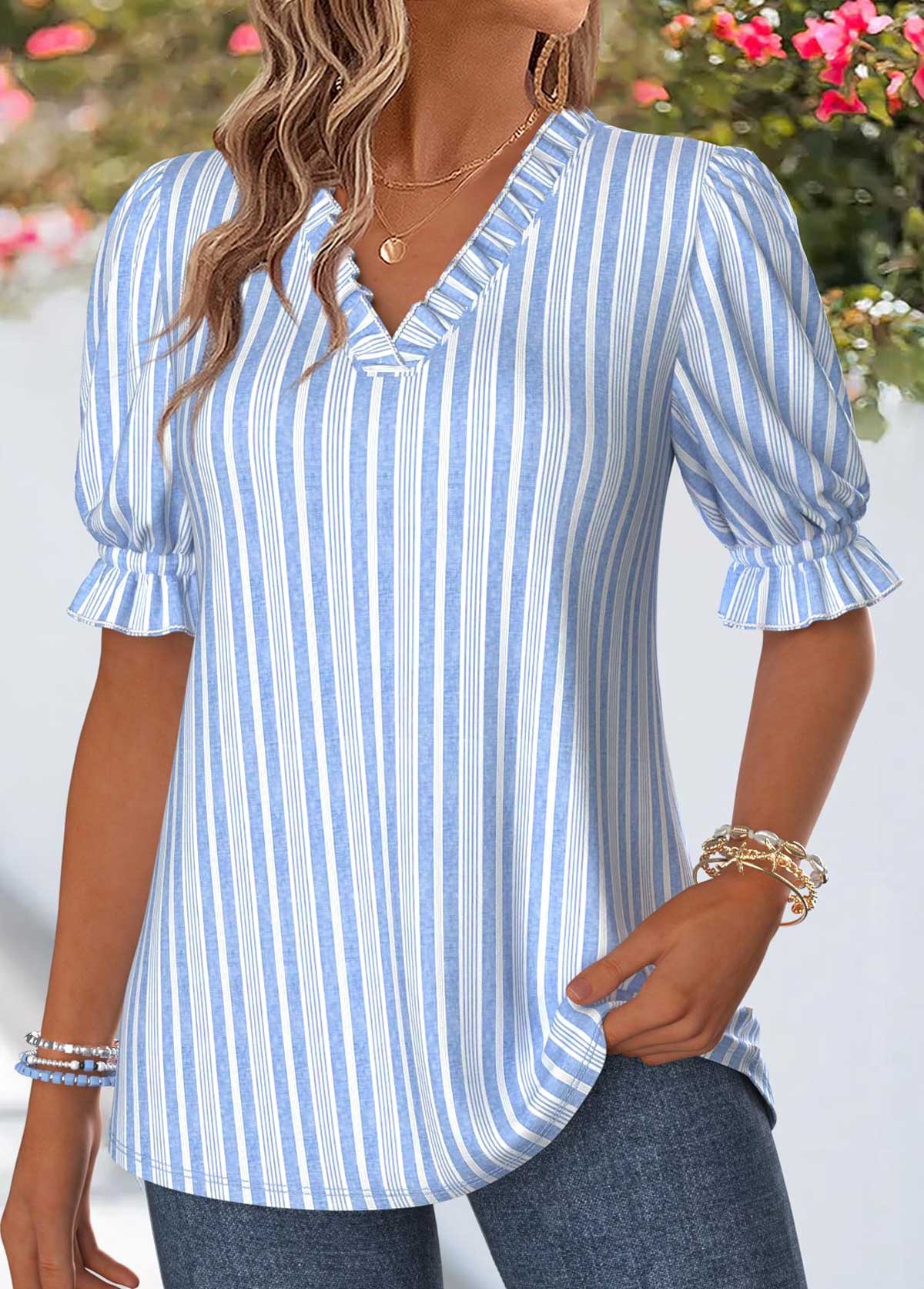 Blue Striped Ruffle Short Sleeve V Neck Blouse | picture 
