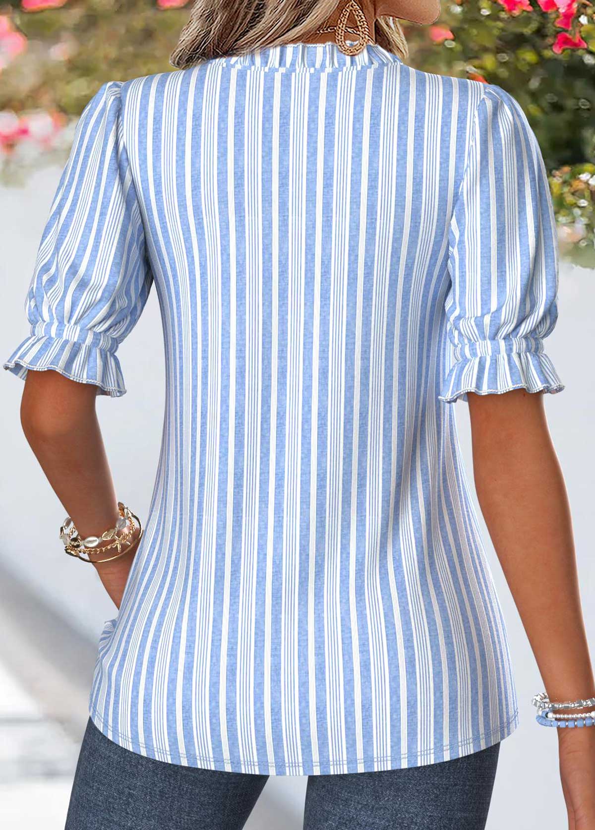 Blue Striped Ruffle Short Sleeve V Neck Blouse | picture 
