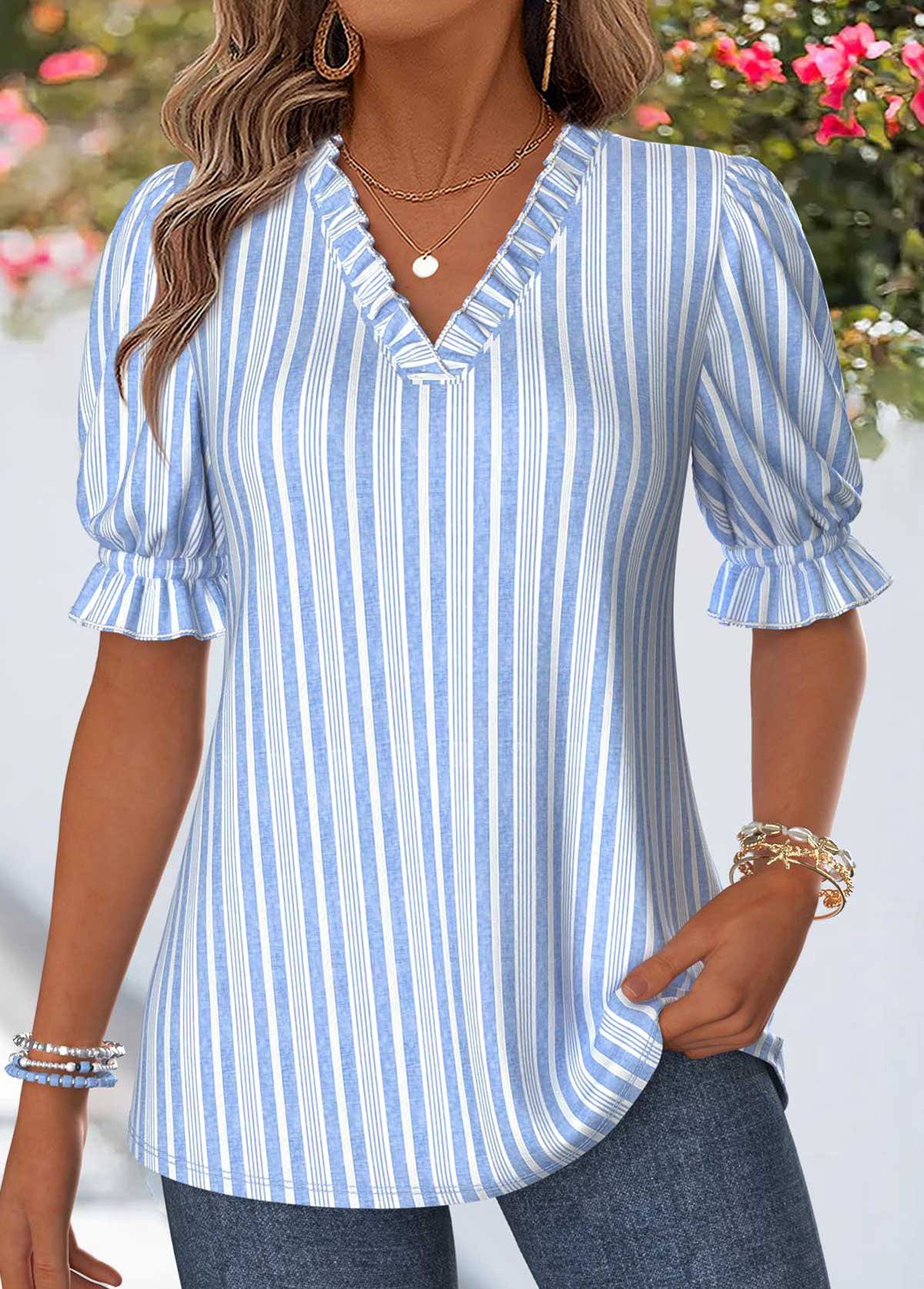 Blue Striped Ruffle Short Sleeve V Neck Blouse | picture 