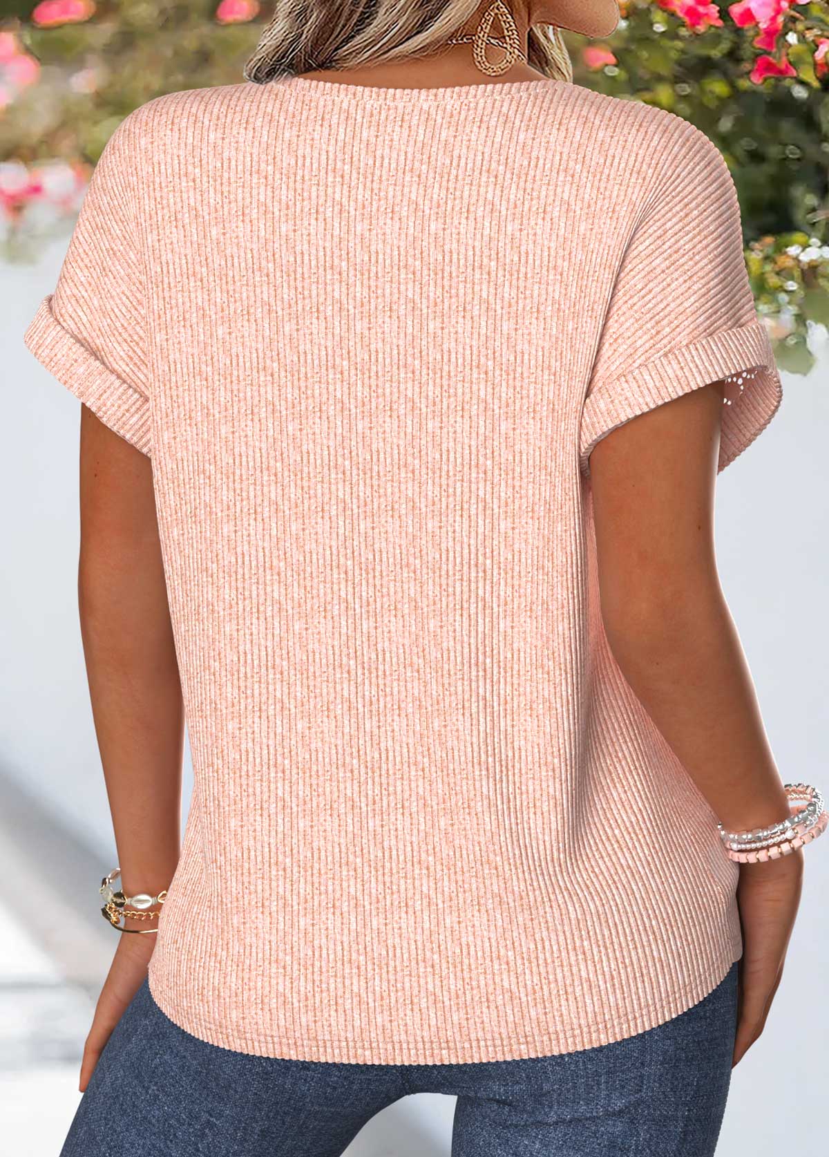 Light Pink Patchwork Short Sleeve Split Neck Blouse | picture 
