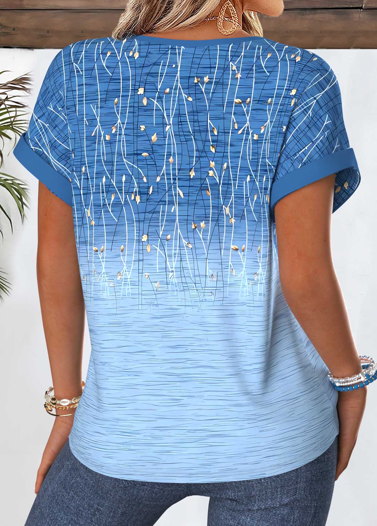 Blue Ombre Tummy Coverage Short Sleeve Split Neck Blouse | picture 