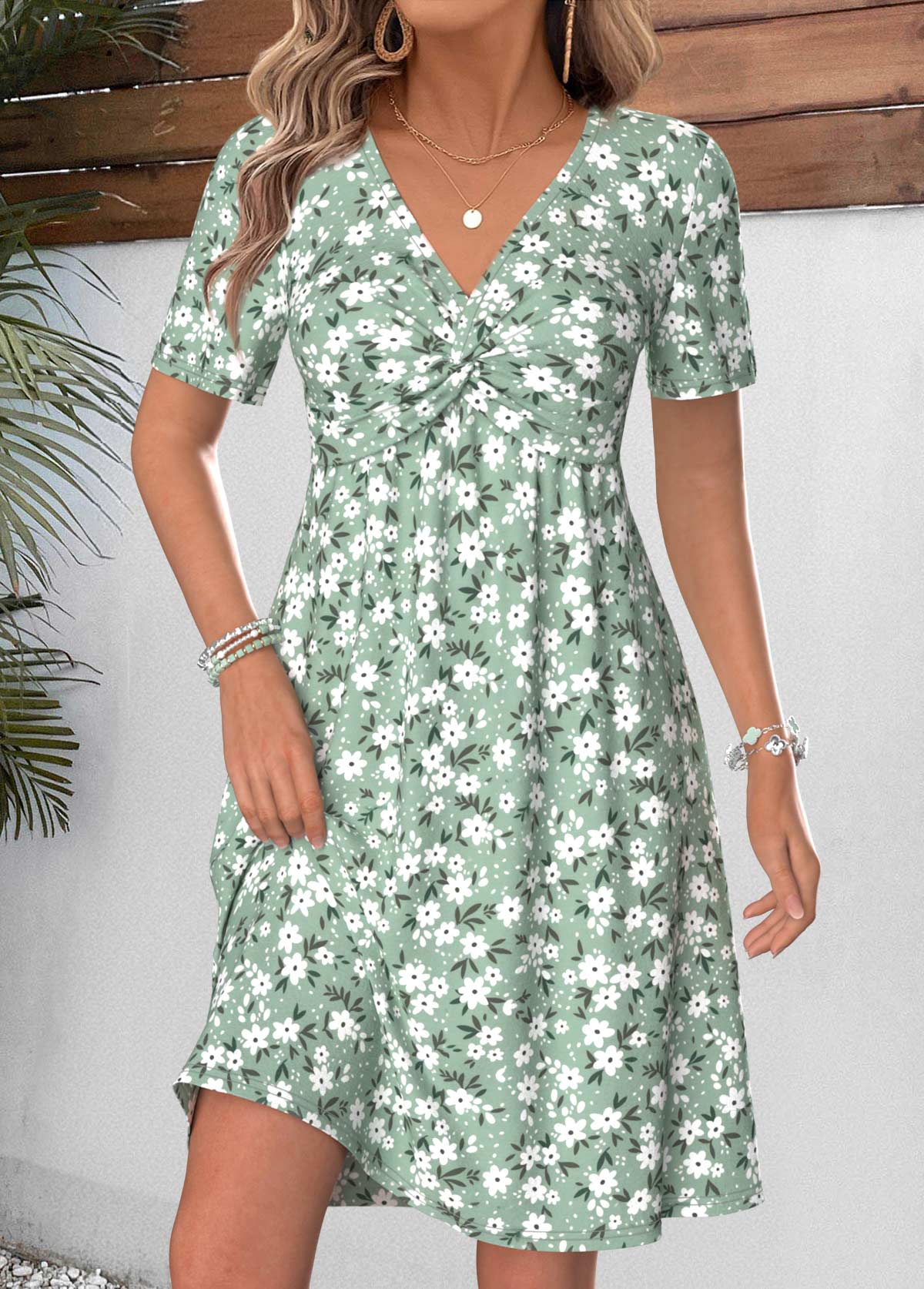 Sage Green Ditsy Floral Print Short Tummy Coverage Dress | picture 