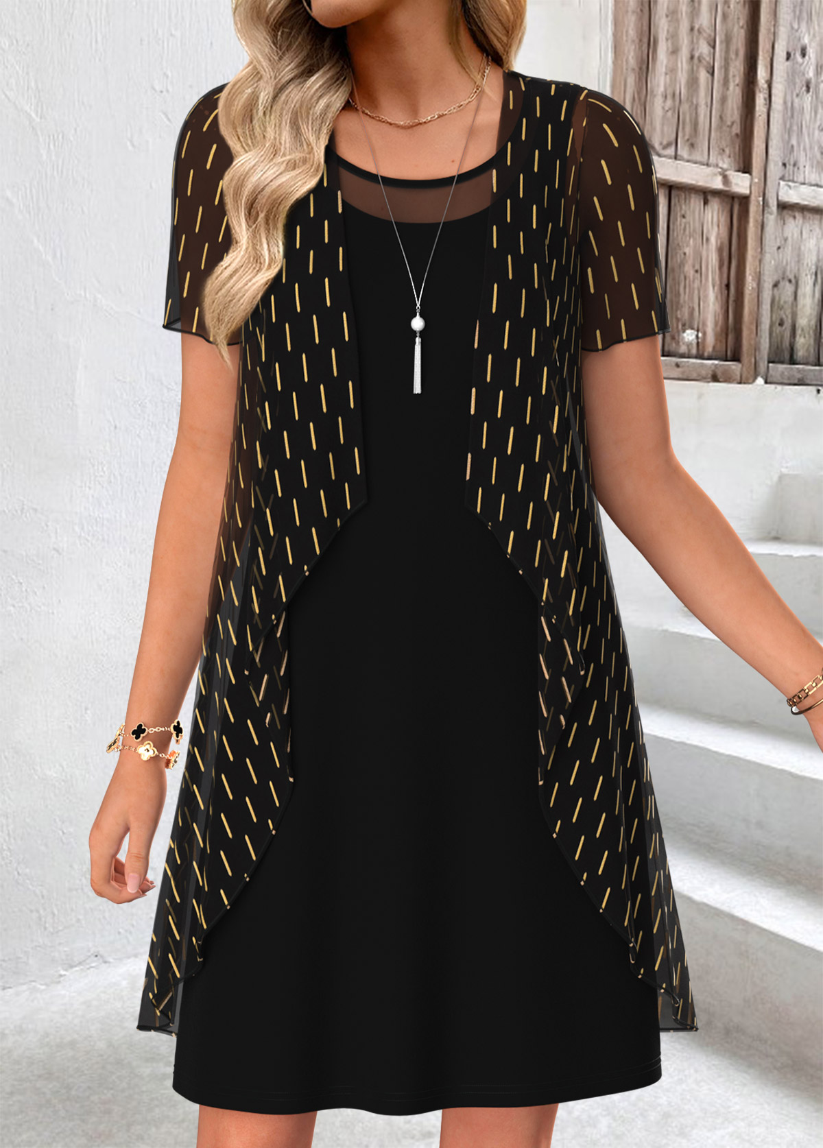 Black Geometric Print Short Two-piece Dress and Cardigan | picture 