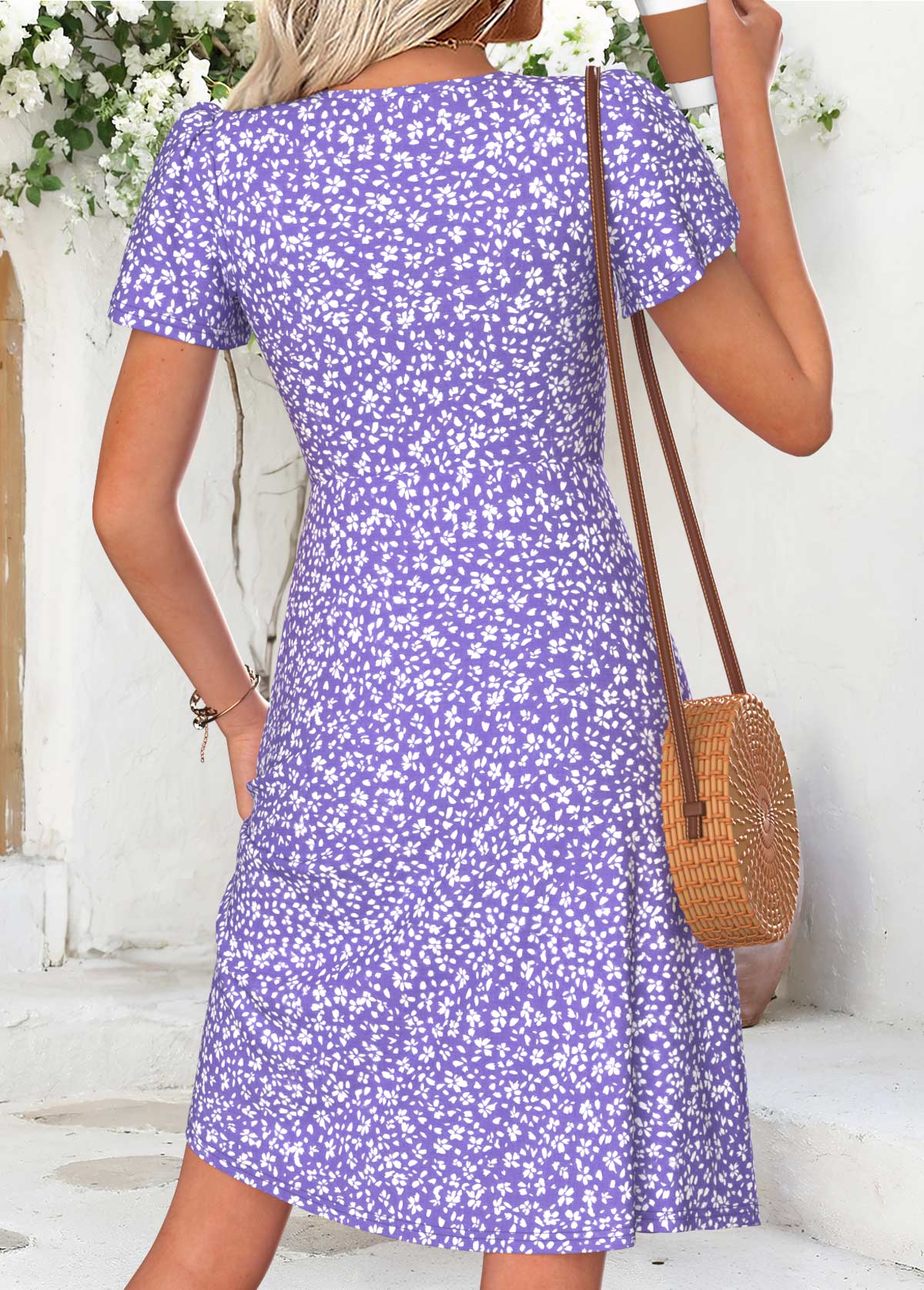 Light Purple Ditsy Floral Print Short Surplice Dress | picture 
