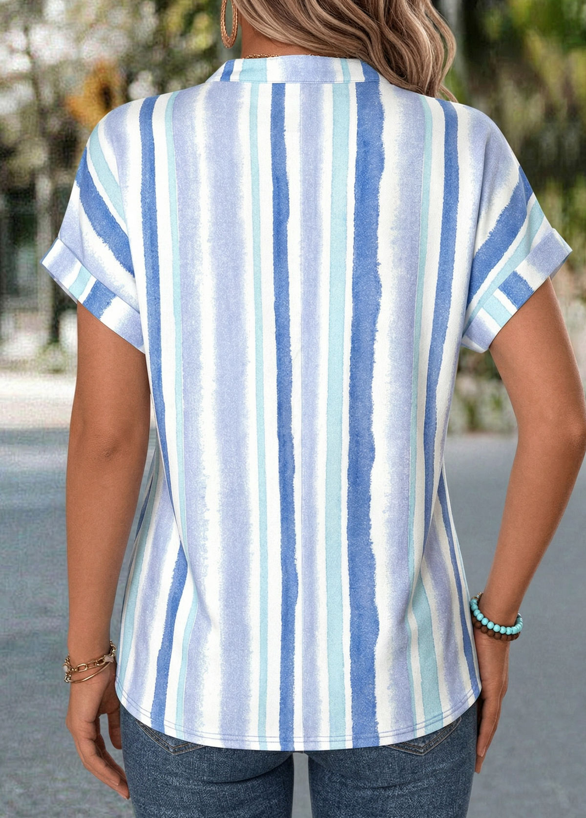 Light Blue Geometric Print Tummy Coverage Short Sleeve Blouse | picture 