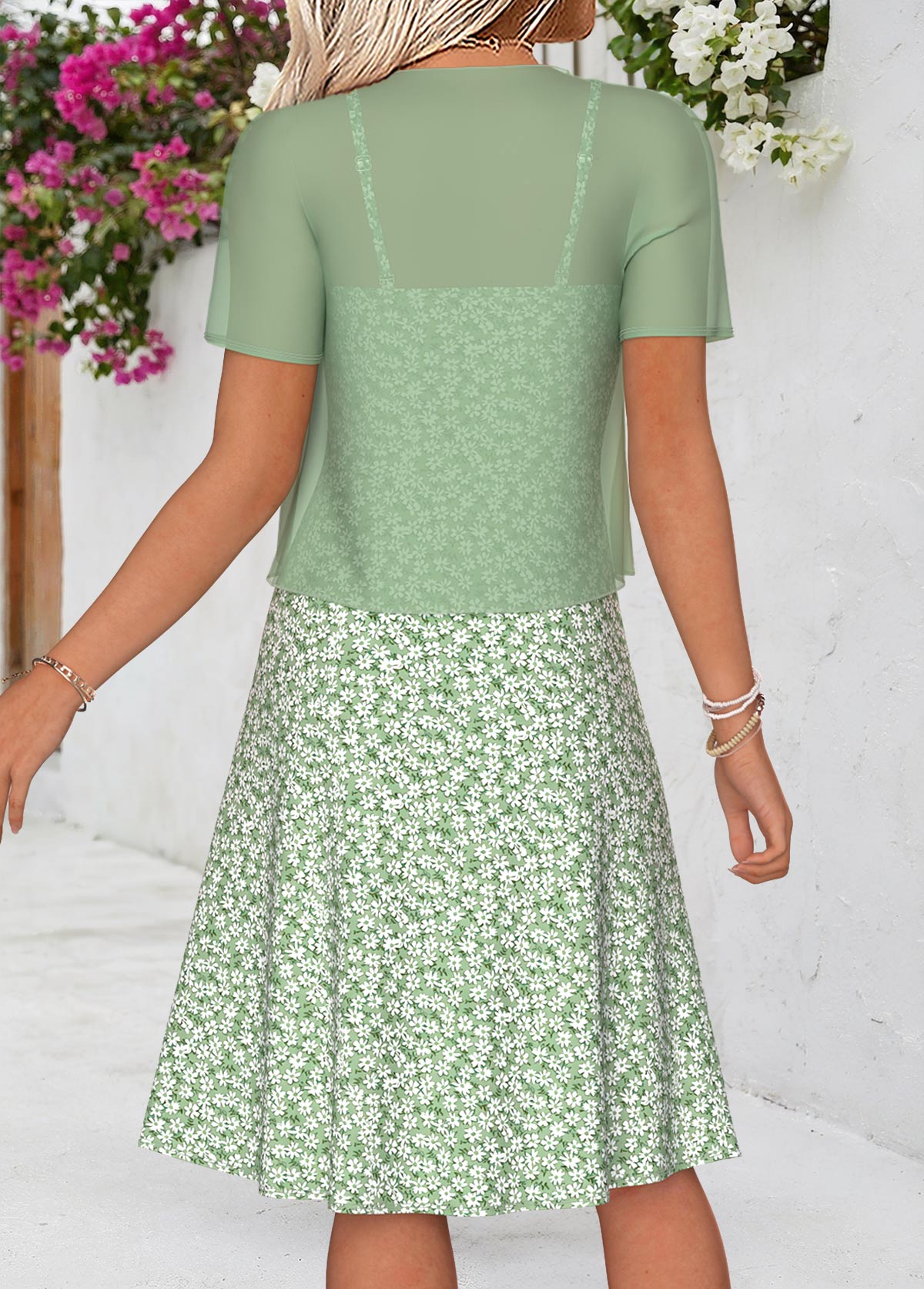 Sage Green Floral Print Two-piece Dress and Cardigan | picture 