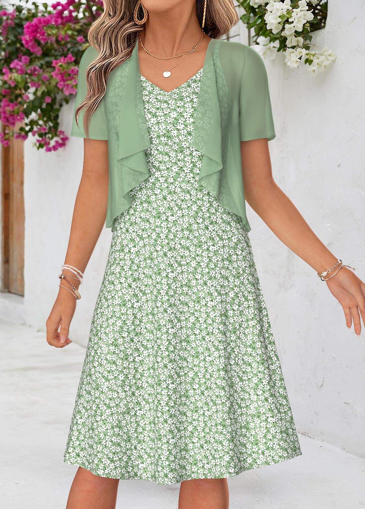 Sage Green Floral Print Two-piece Dress and Cardigan | picture 
