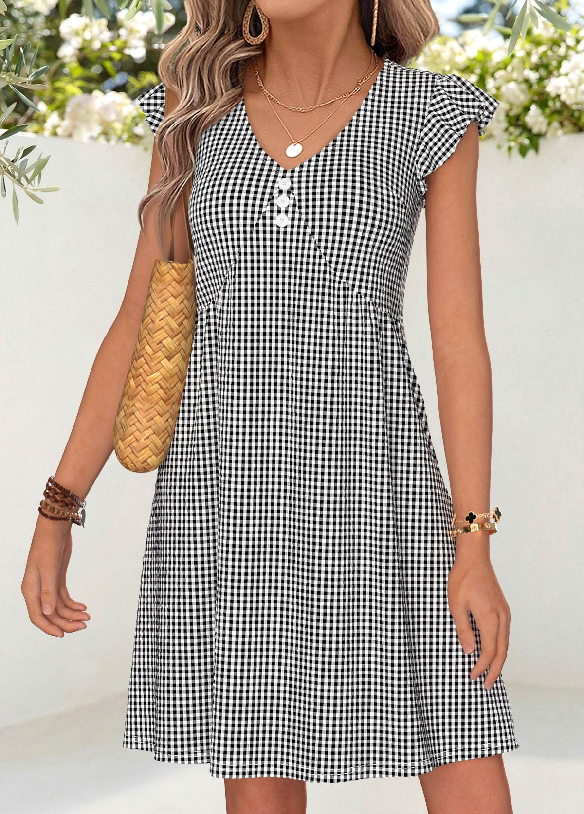 Black Plaid Short Shirred V Neck Dress | picture 