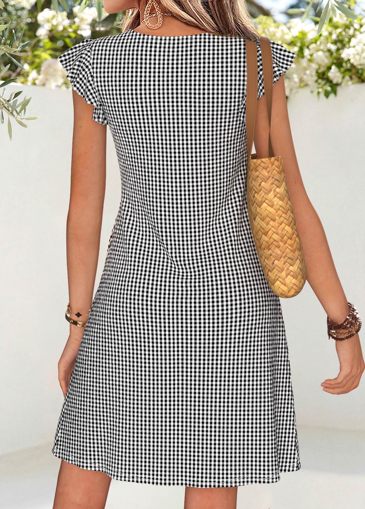 Black Plaid Short Shirred V Neck Dress | picture 