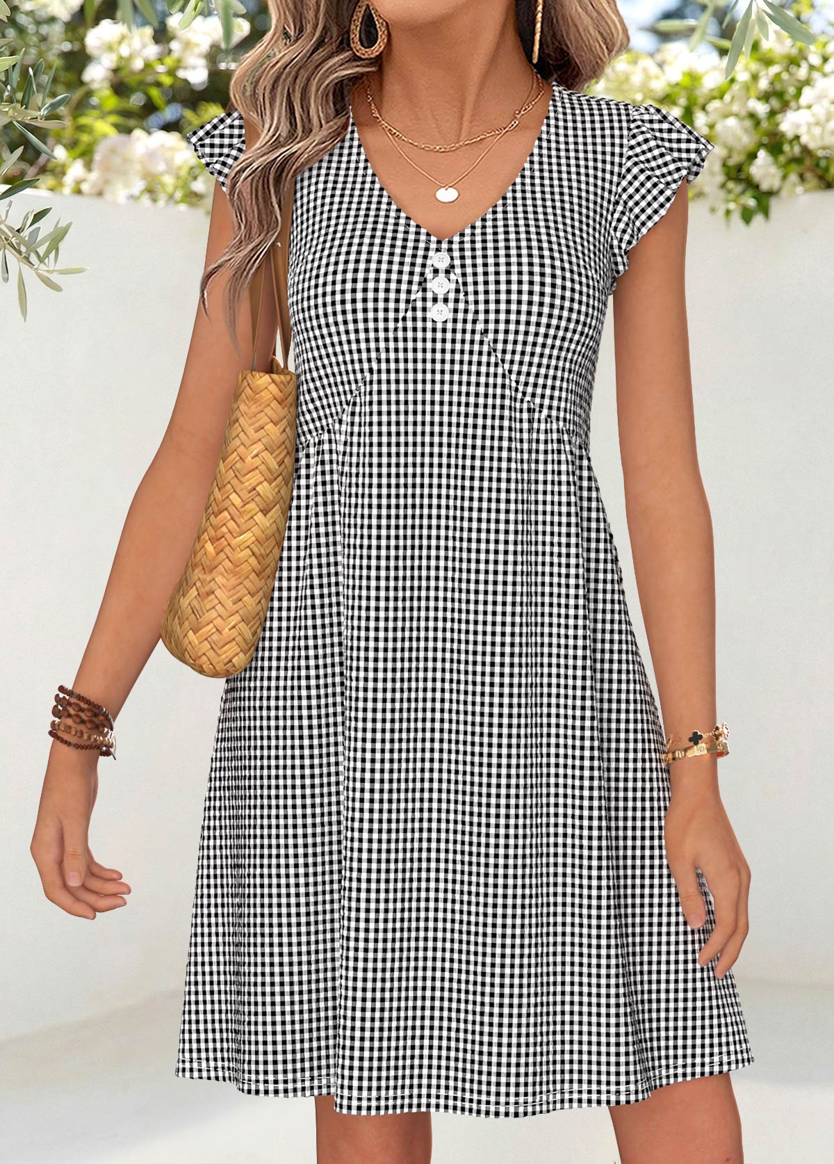 Black Plaid Short Shirred V Neck Dress | picture 