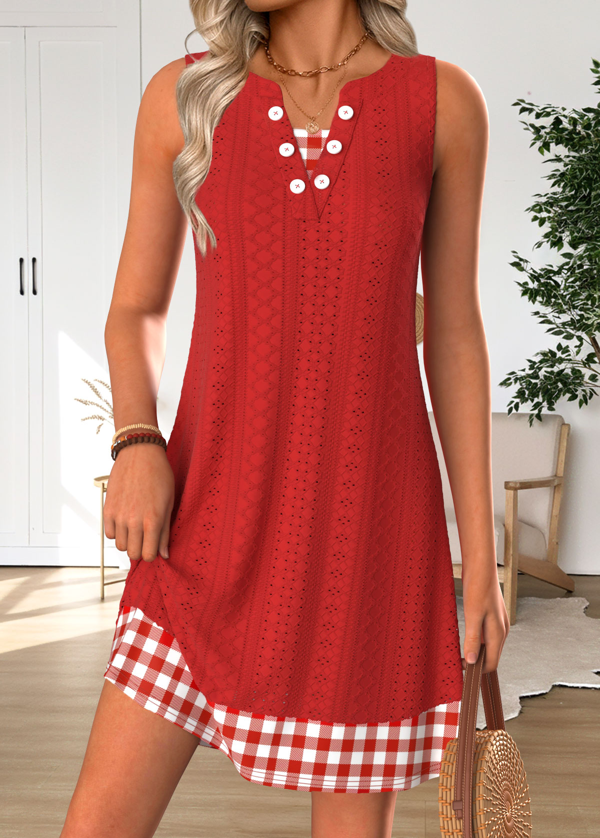 Red Plaid Short Tummy Coverage Sleeveless V Neck Dress | picture 