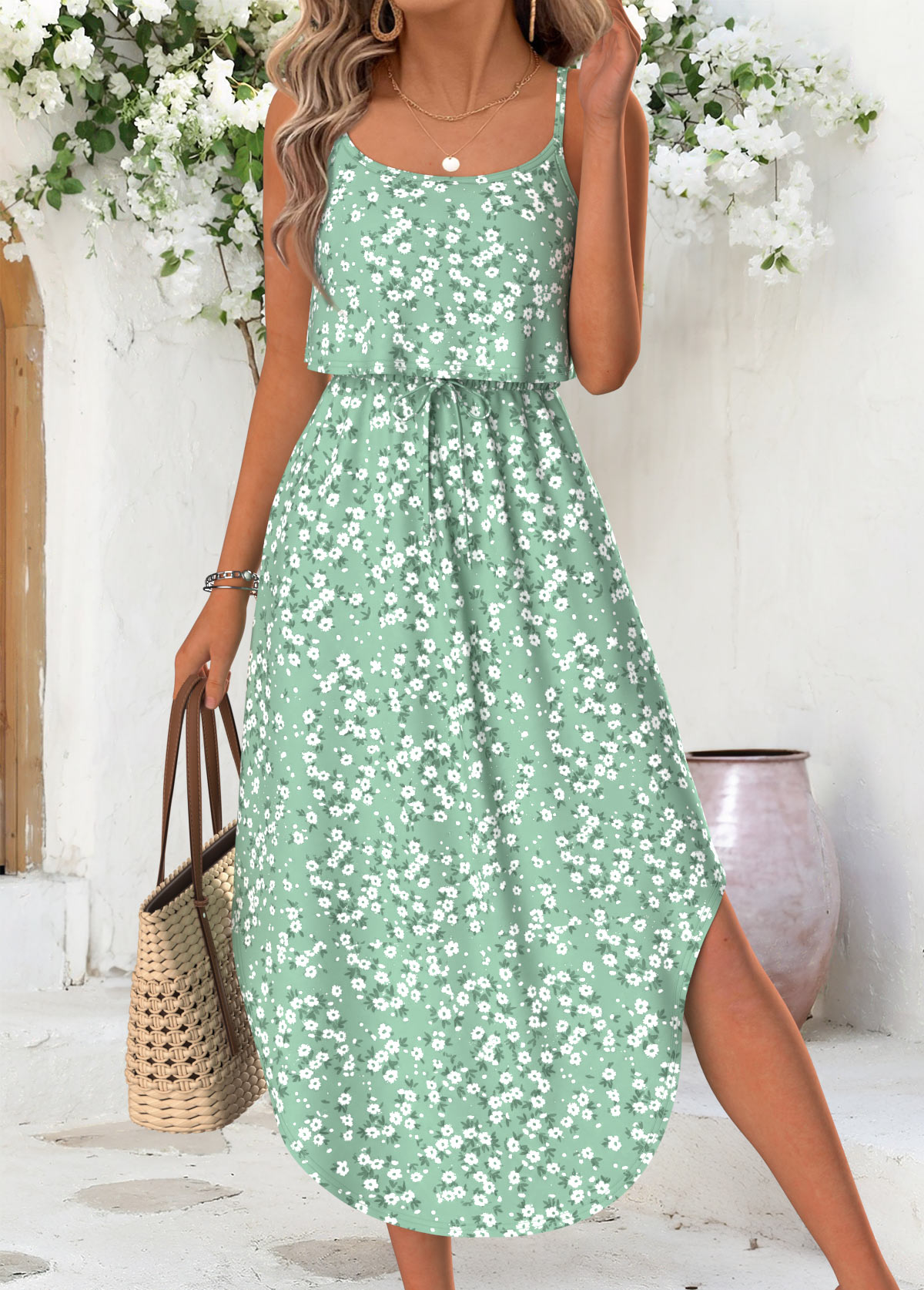 Light Green Ditsy Floral Print Bowknot Strappy Dress | picture 