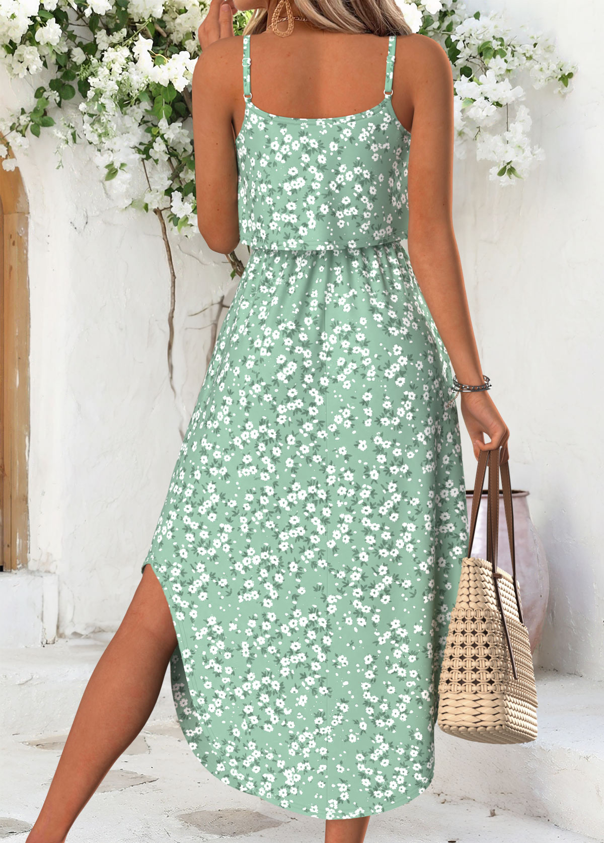 Light Green Ditsy Floral Print Bowknot Strappy Dress | picture 