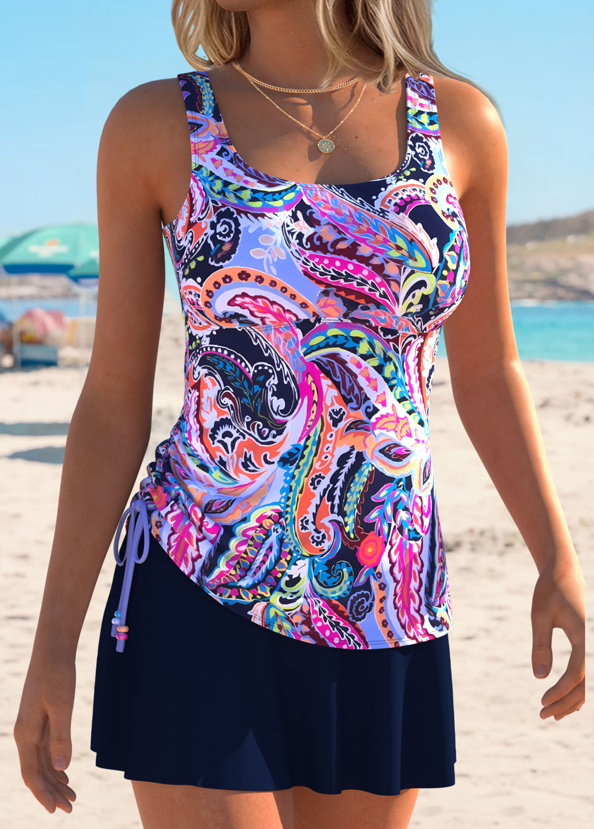 Multi Color Mid Waisted Drawstring Paisley Print Tankini Set | picture 