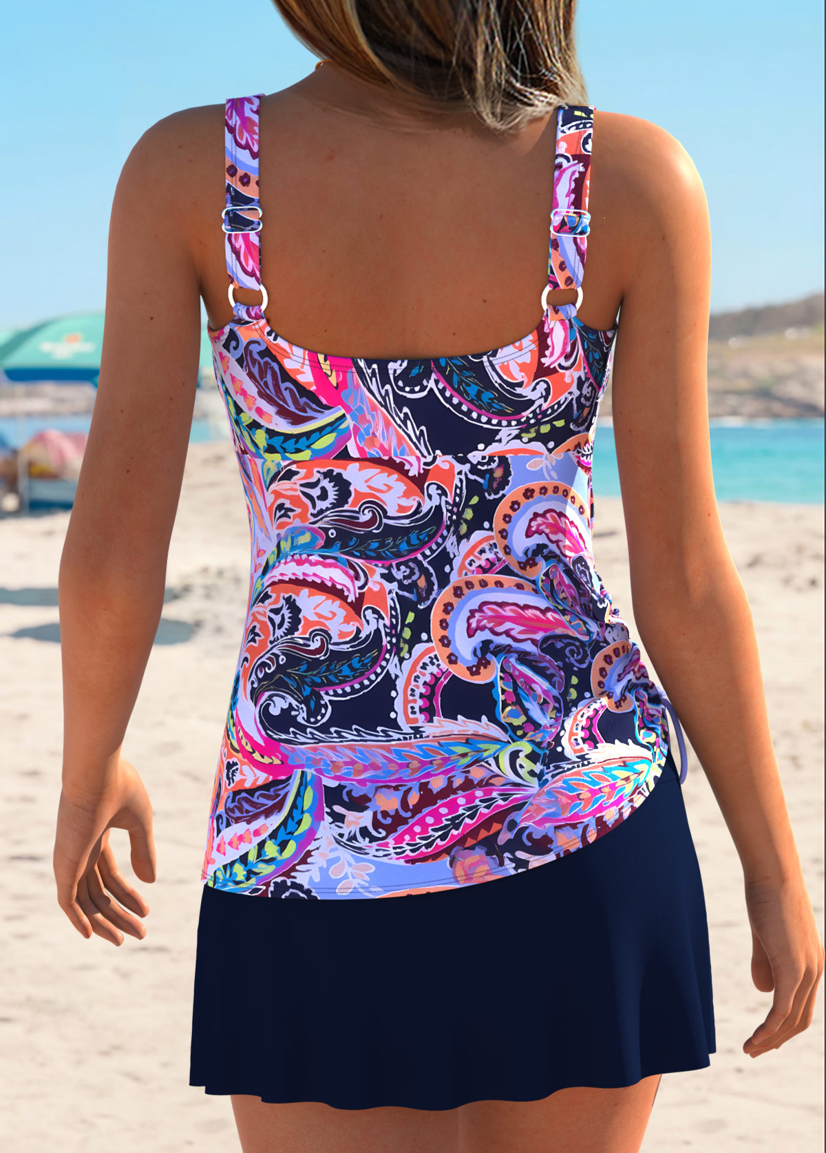 Multi Color Mid Waisted Drawstring Paisley Print Tankini Set | picture 