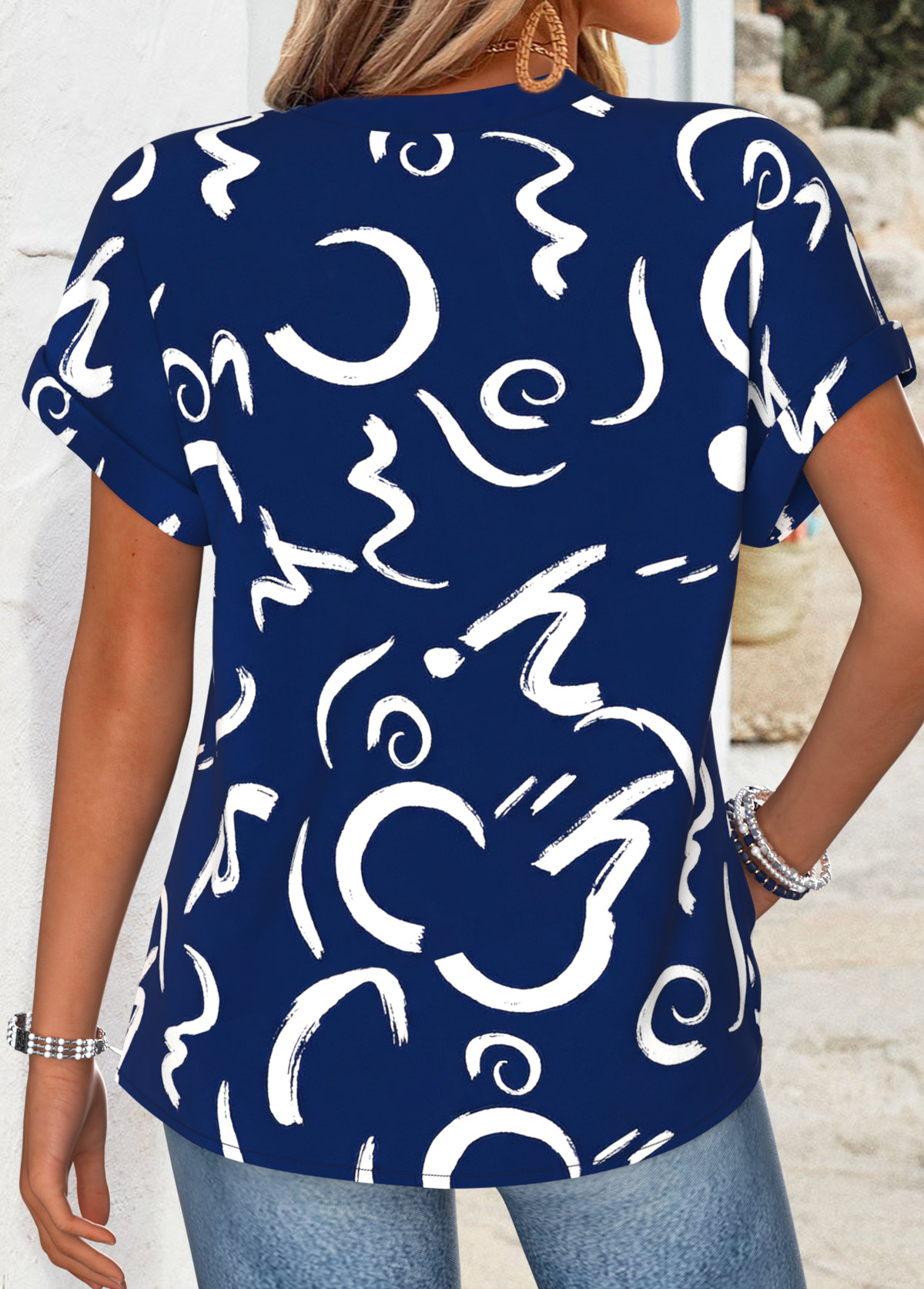 Navy Graffiti Print Button Short Sleeve Split Neck Blouse | picture 