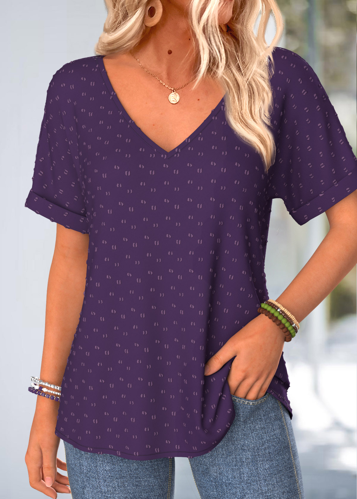 Purple Button Short Sleeve V Neck T Shirt | picture 