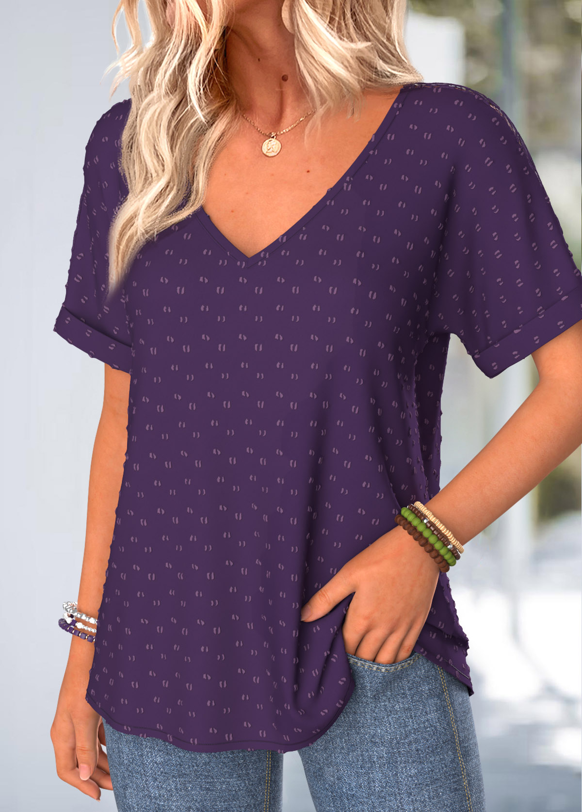 Purple Button Short Sleeve V Neck T Shirt | picture 