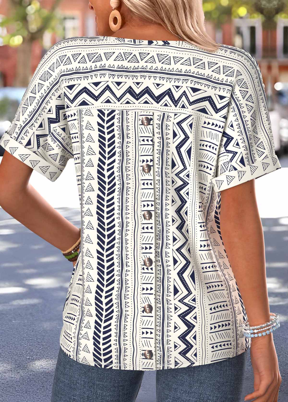 Multi Color Tribal Print Button Short Sleeve T Shirt | picture 