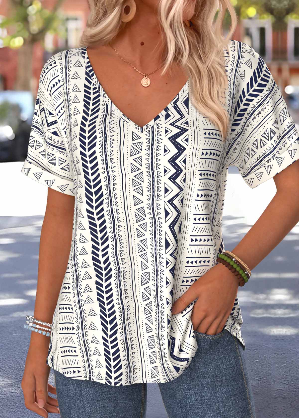 Multi Color Tribal Print Button Short Sleeve T Shirt | picture 