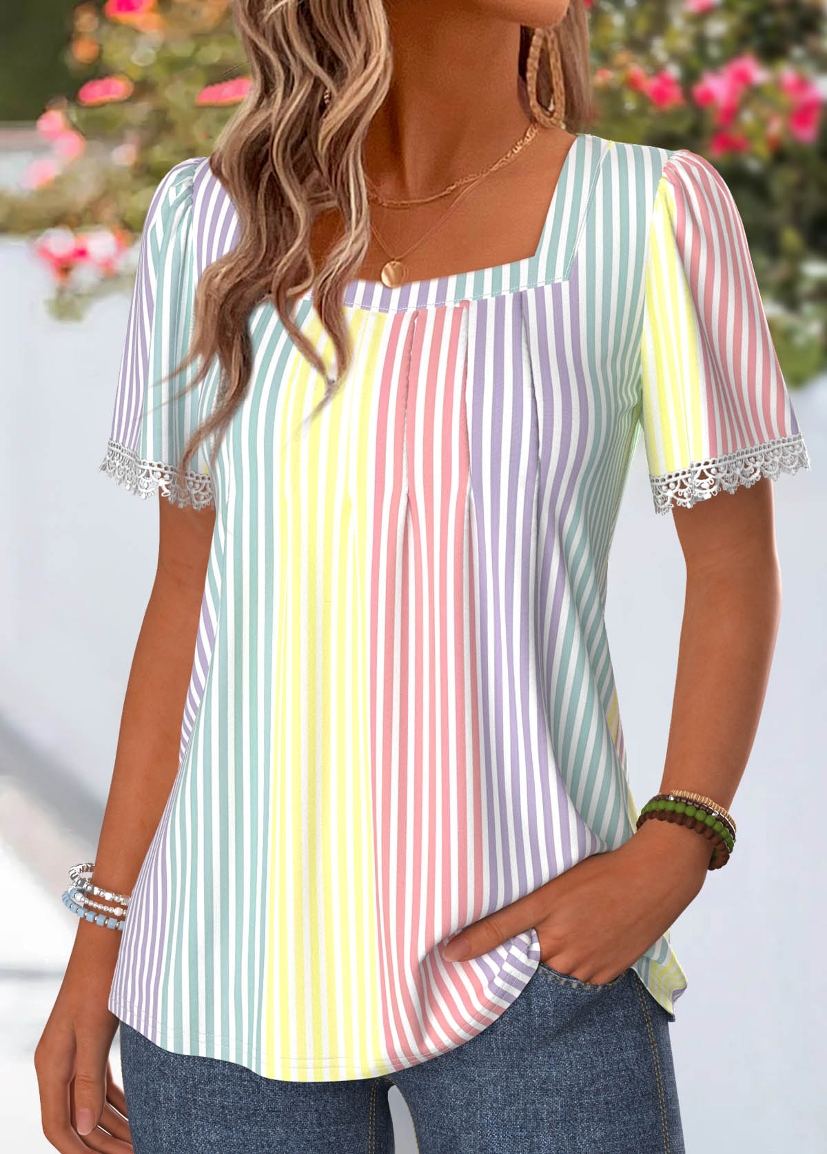 Multi Color Striped Pleated Short Sleeve T Shirt | picture 