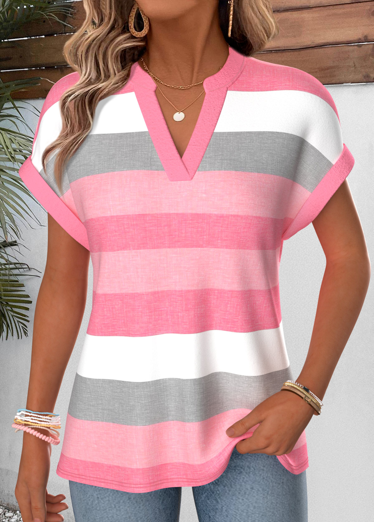 Pink Striped Short Sleeve Split Neck Blouse | picture 