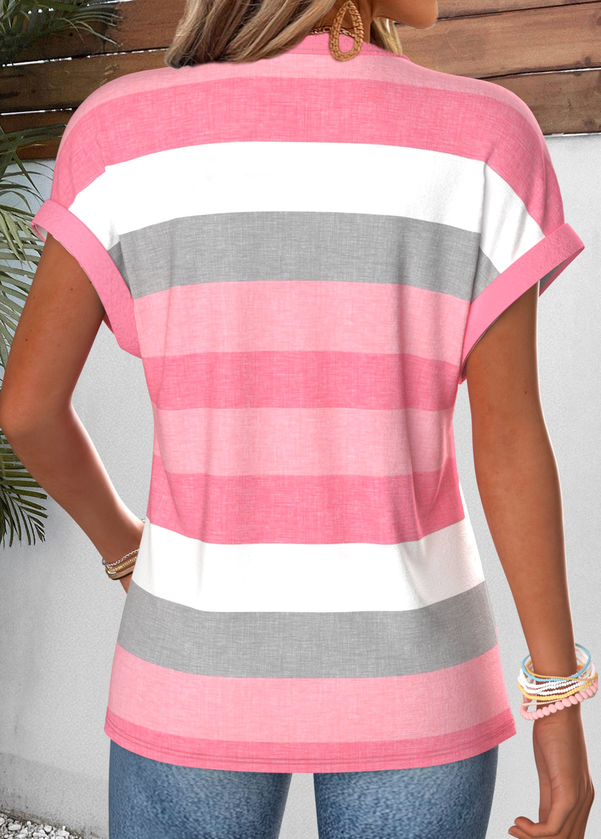 Pink Striped Short Sleeve Split Neck Blouse | picture 