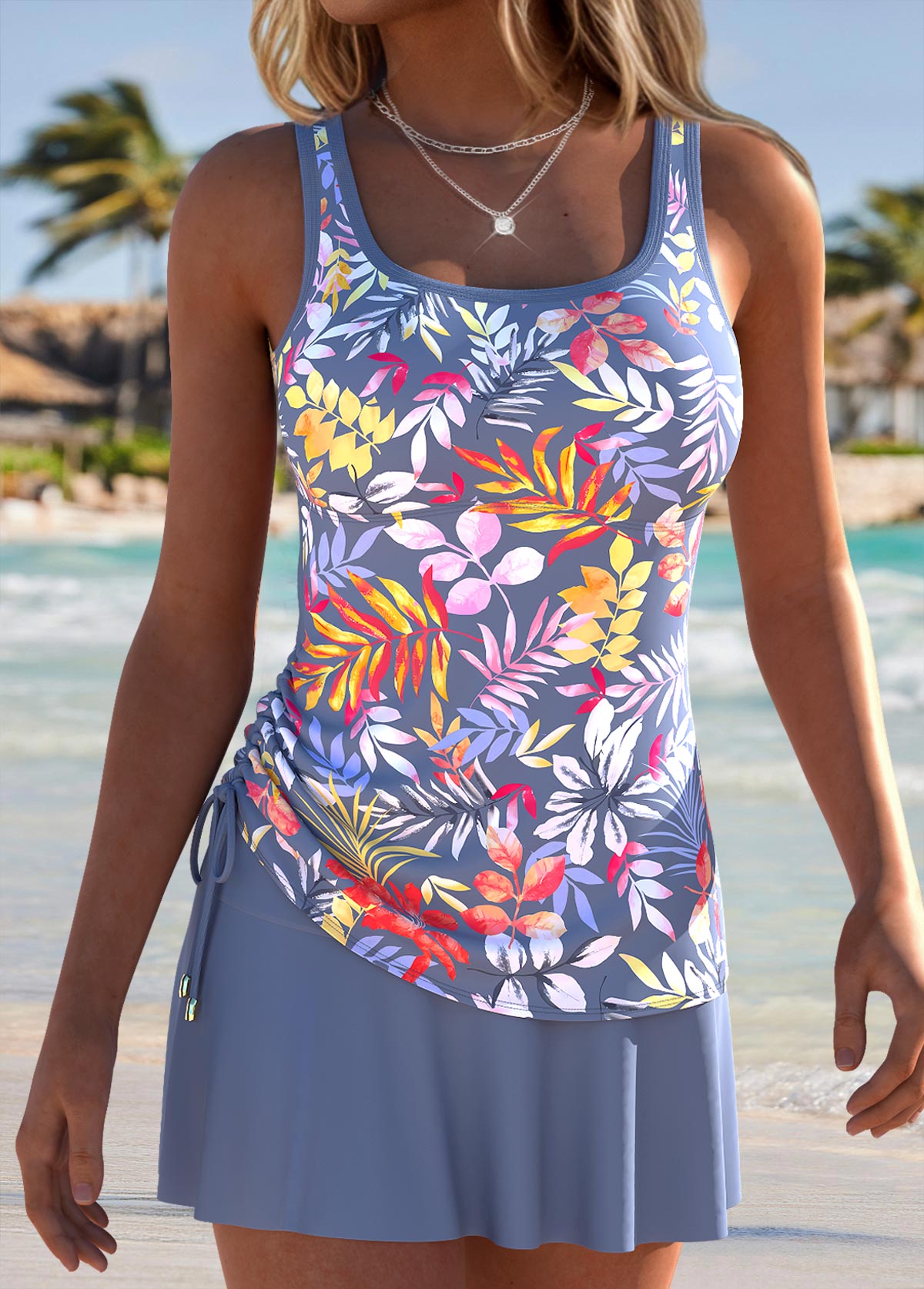 Grey Mid Waisted Drawstring Floral Print Tankini Set | picture 