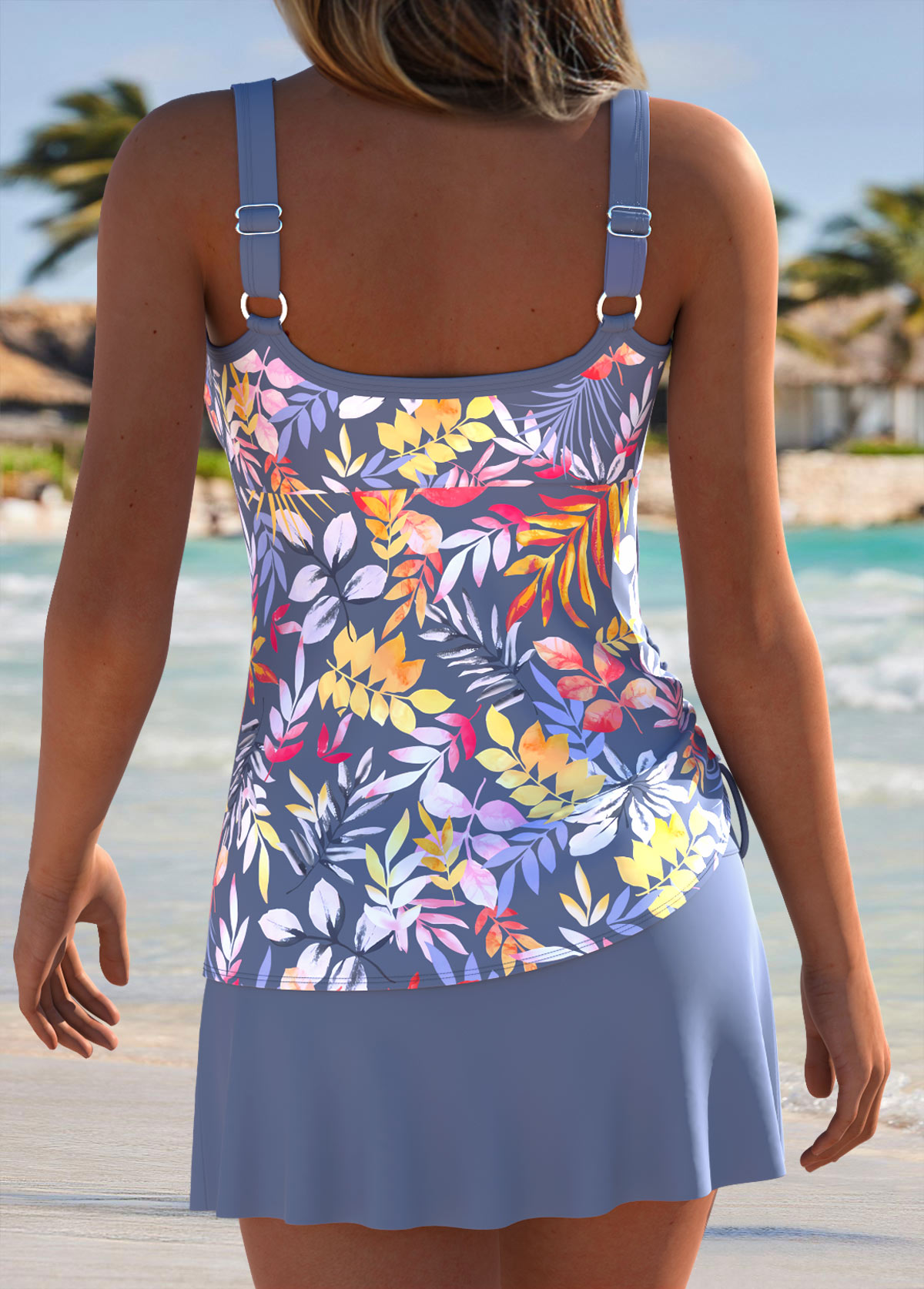 Grey Mid Waisted Drawstring Floral Print Tankini Set | picture 
