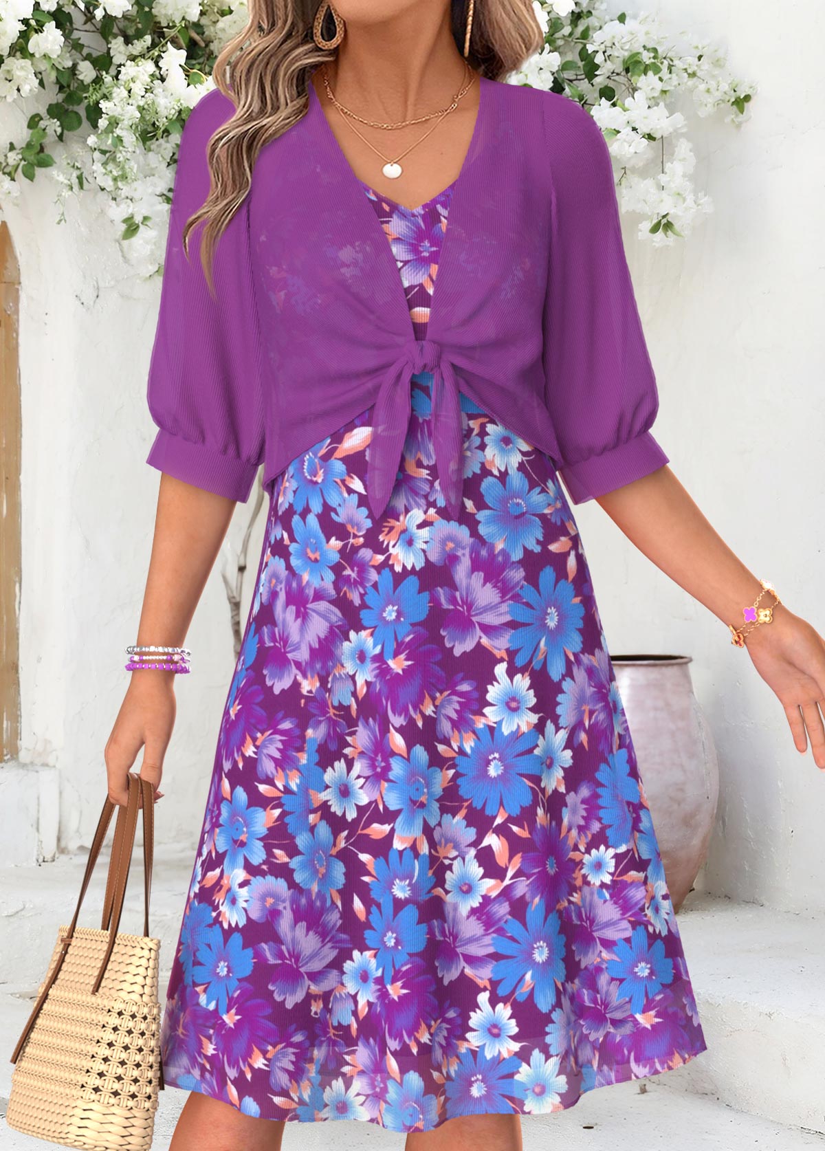 Purple Floral Print Two-piece Half Sleeve Dress and Cardigan | picture 