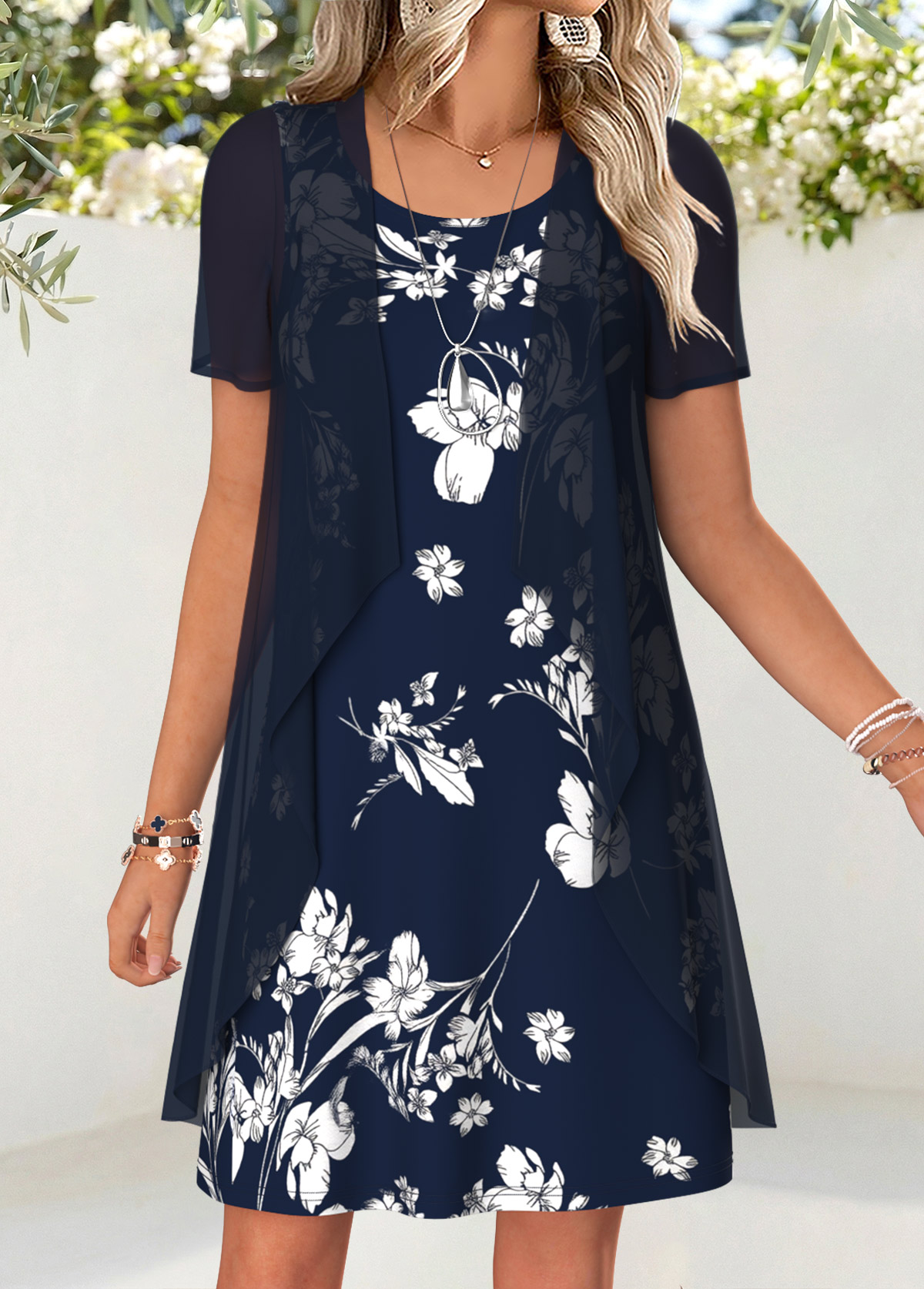 Navy Floral Print Short Two-piece Dress and Cardigan | picture 