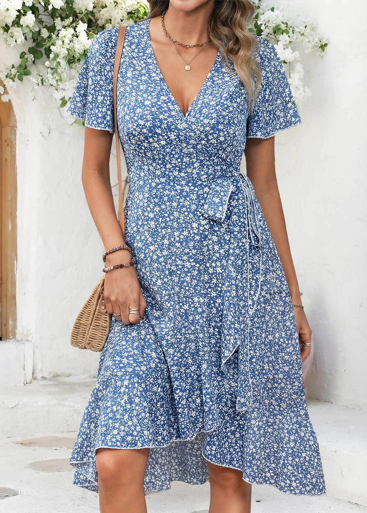 Blue Ditsy Floral Print High Low Shirred Dress | picture 