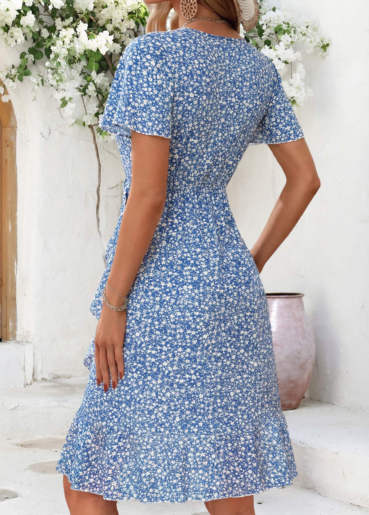 Blue Ditsy Floral Print High Low Shirred Dress | picture 