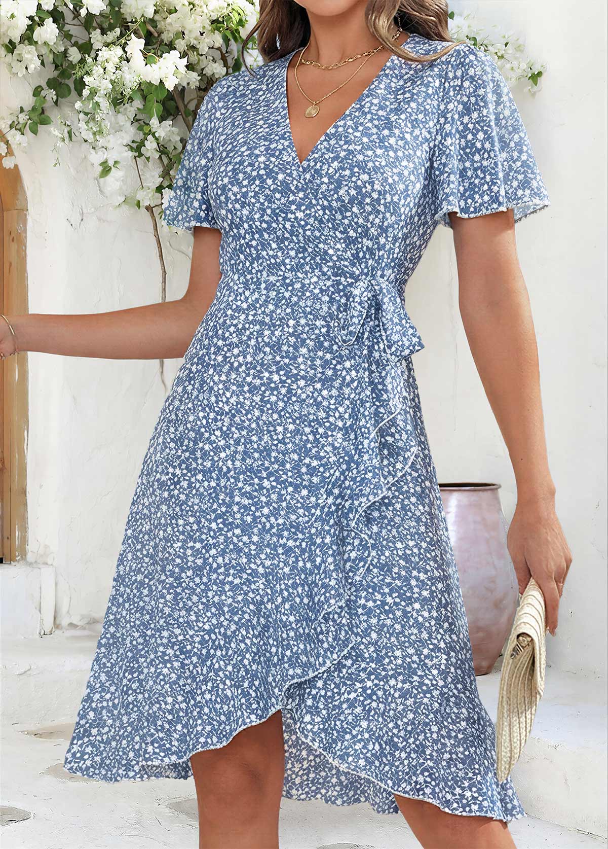 Blue Ditsy Floral Print High Low Shirred Dress | picture 