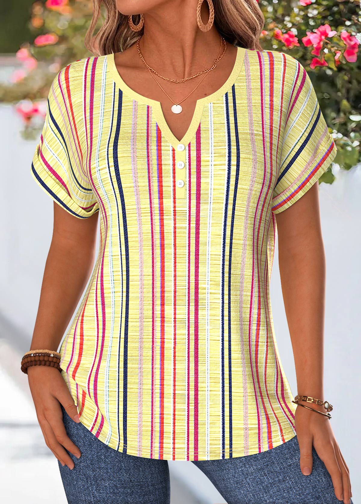 Yellow Multi Stripe Print Tummy Coverage Blouse | picture 
