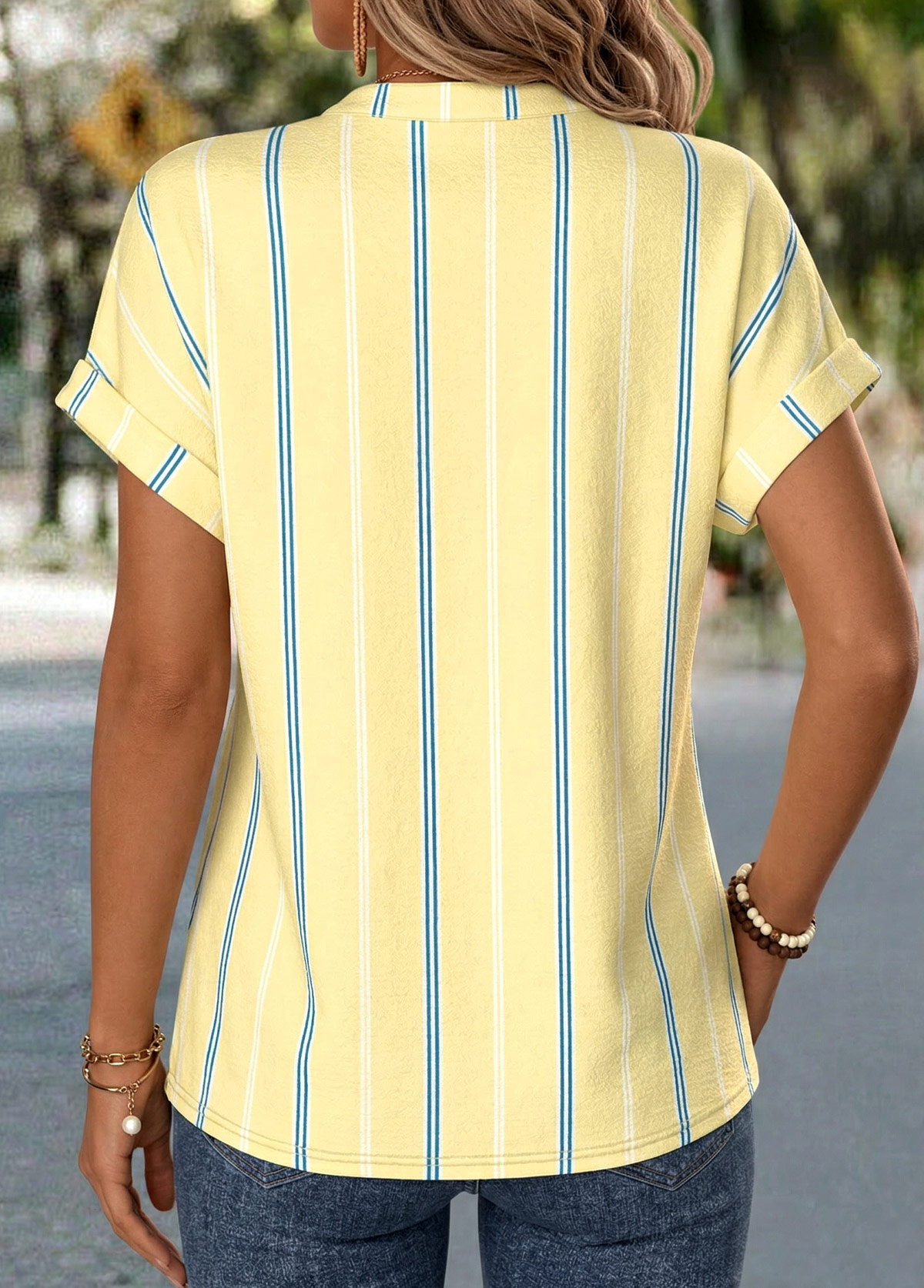 Yellow Striped Tummy Coverage Short Sleeve V Neck Blouse | picture 